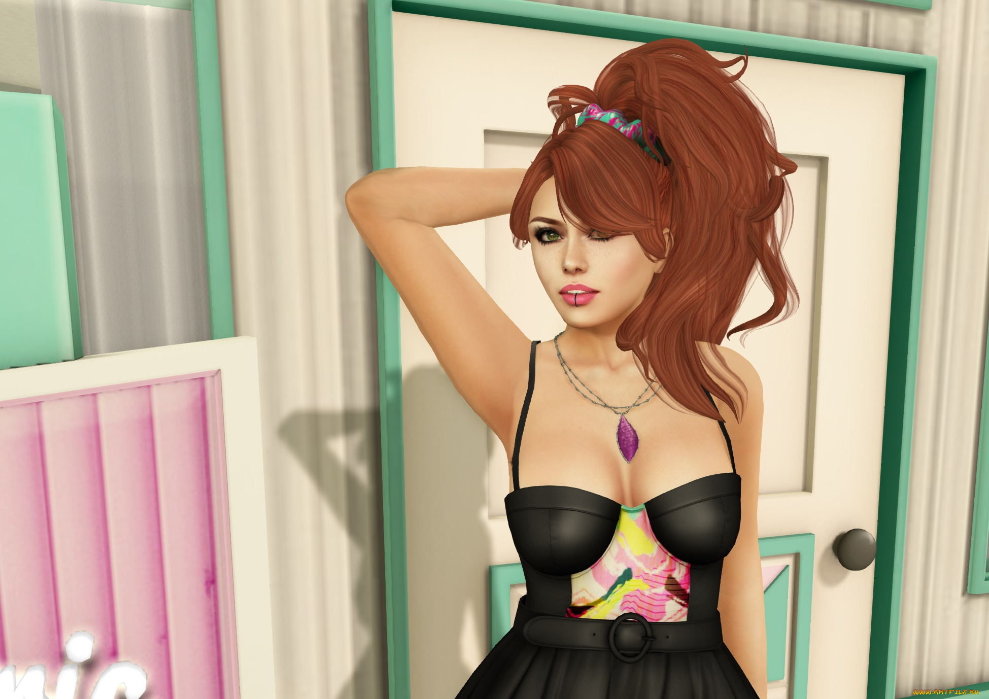 3д, графика, люди, , people, рыжая, фон, взгляд, девушка