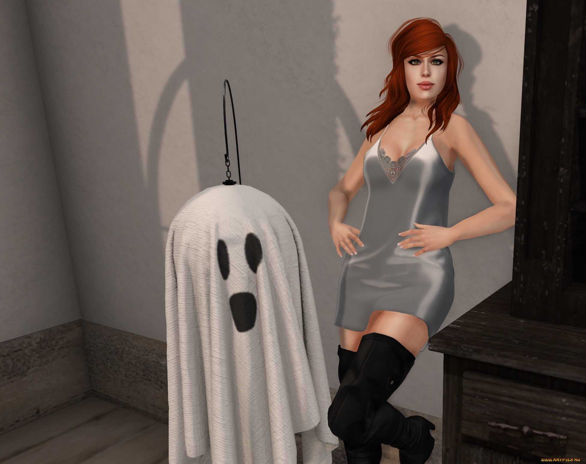 3д, графика, праздники, , holidays, интерьер, рыжая, фон, взгляд, девушка