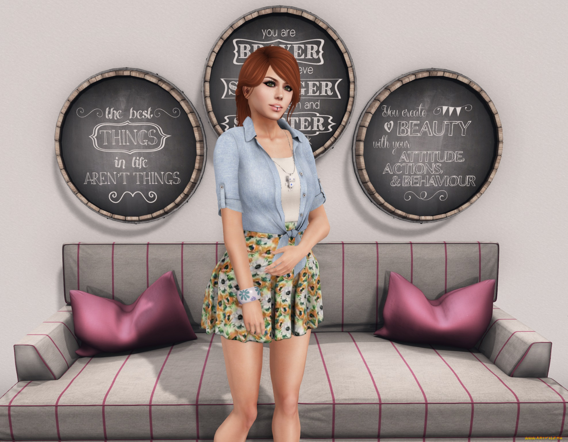 3д, графика, люди, , people, фон, взгляд, девушка, рыжая, интерьер