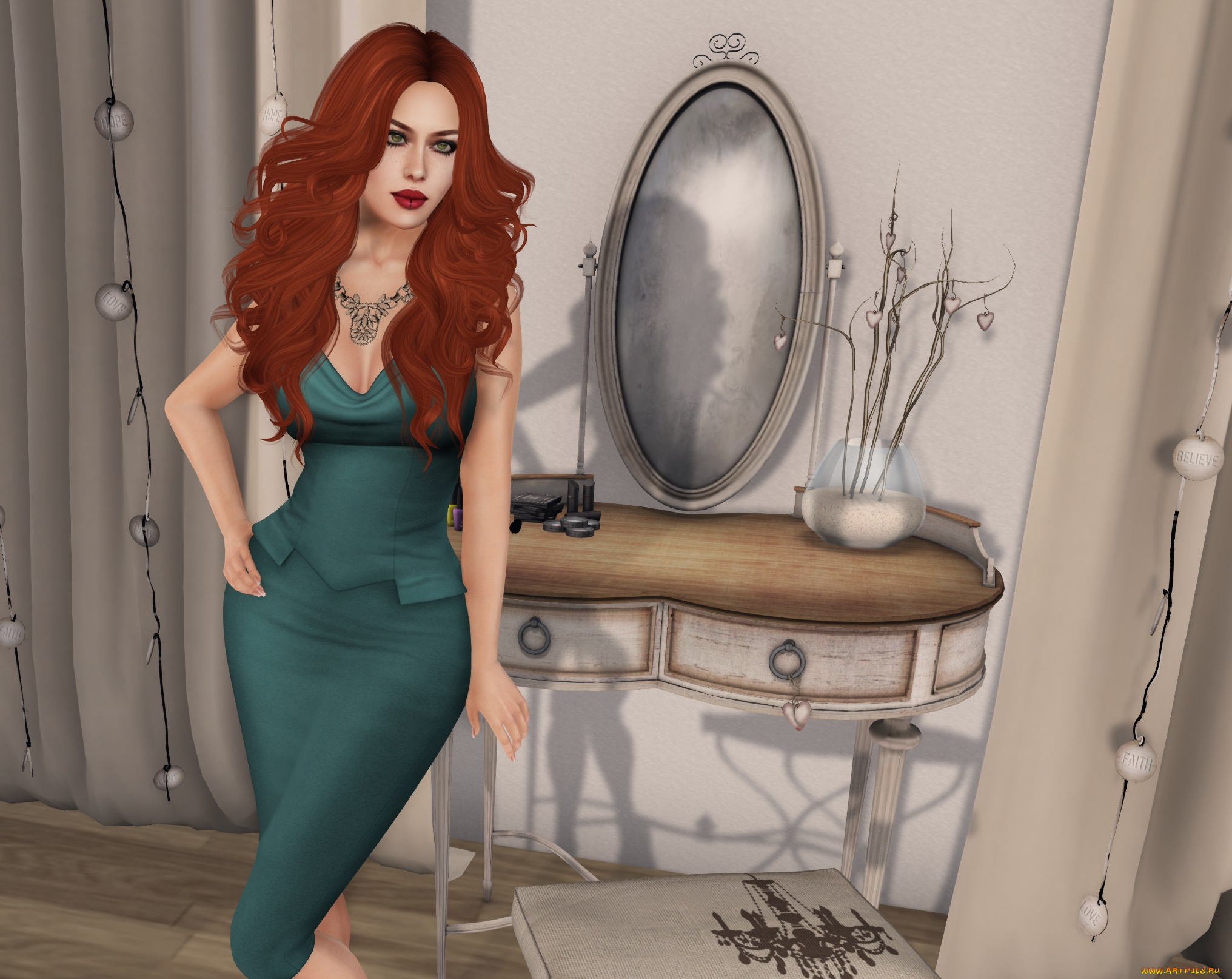 3д, графика, люди, , people, фон, взгляд, девушка, интерьер, рыжая