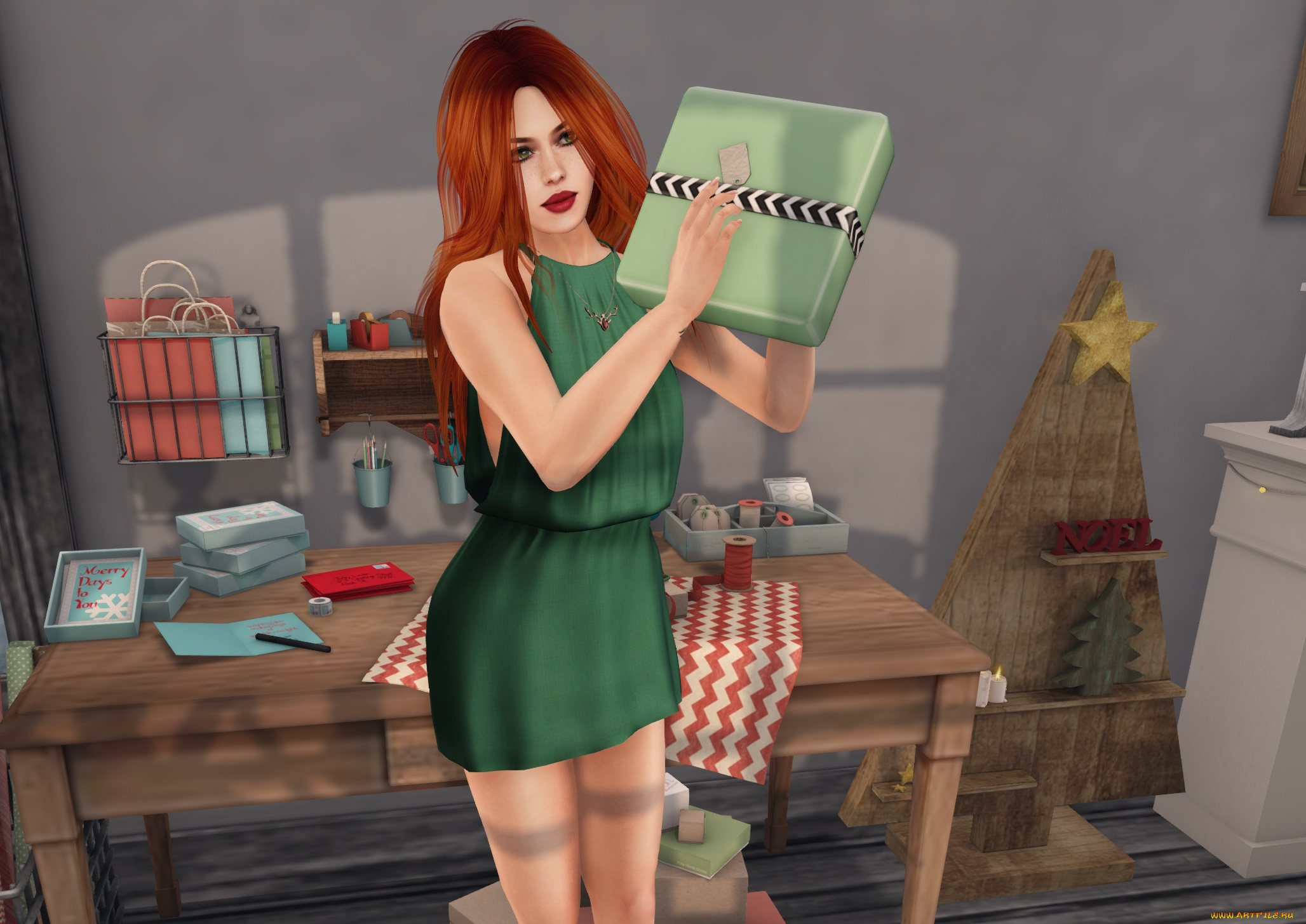 3д, графика, люди, , people, рыжая, фон, девушка, взгляд, интерьер