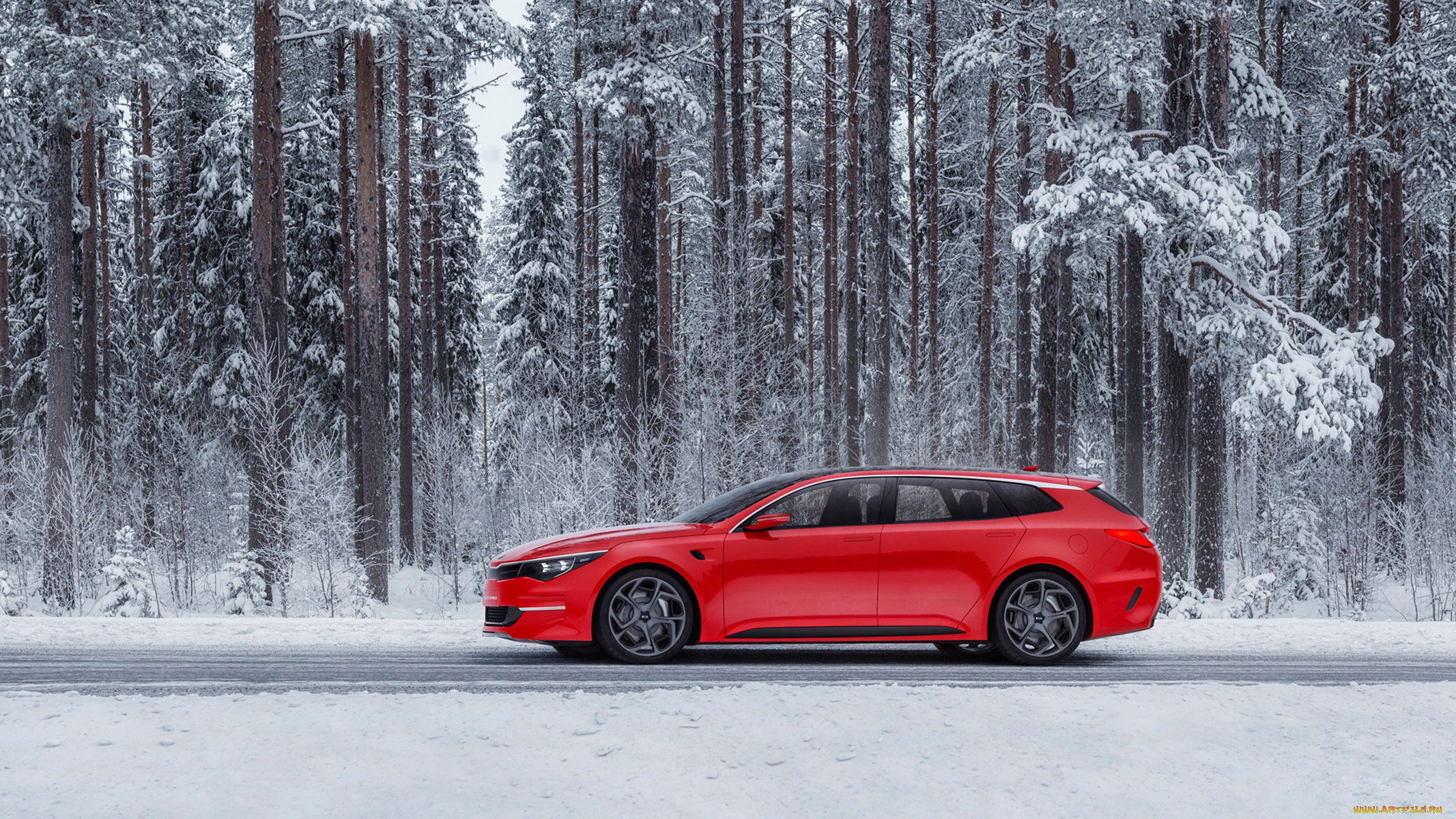kia, sportspace, concept, 2015, автомобили, kia, лес, зима, трасса, concept, sportspace, красная, 2015
