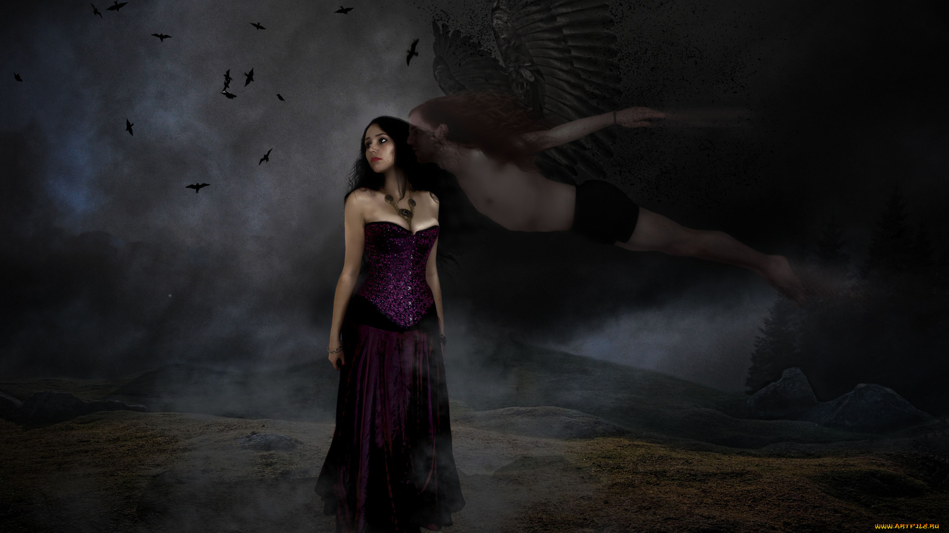 фэнтези, фотоарт, фон, крылья, девушка, мужчина