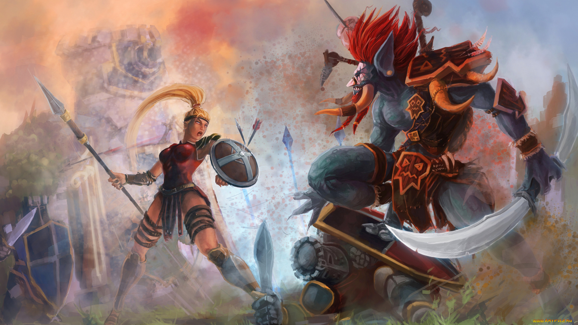 фэнтези, красавицы, и, чудовища, девушка, воин, схватка, существо