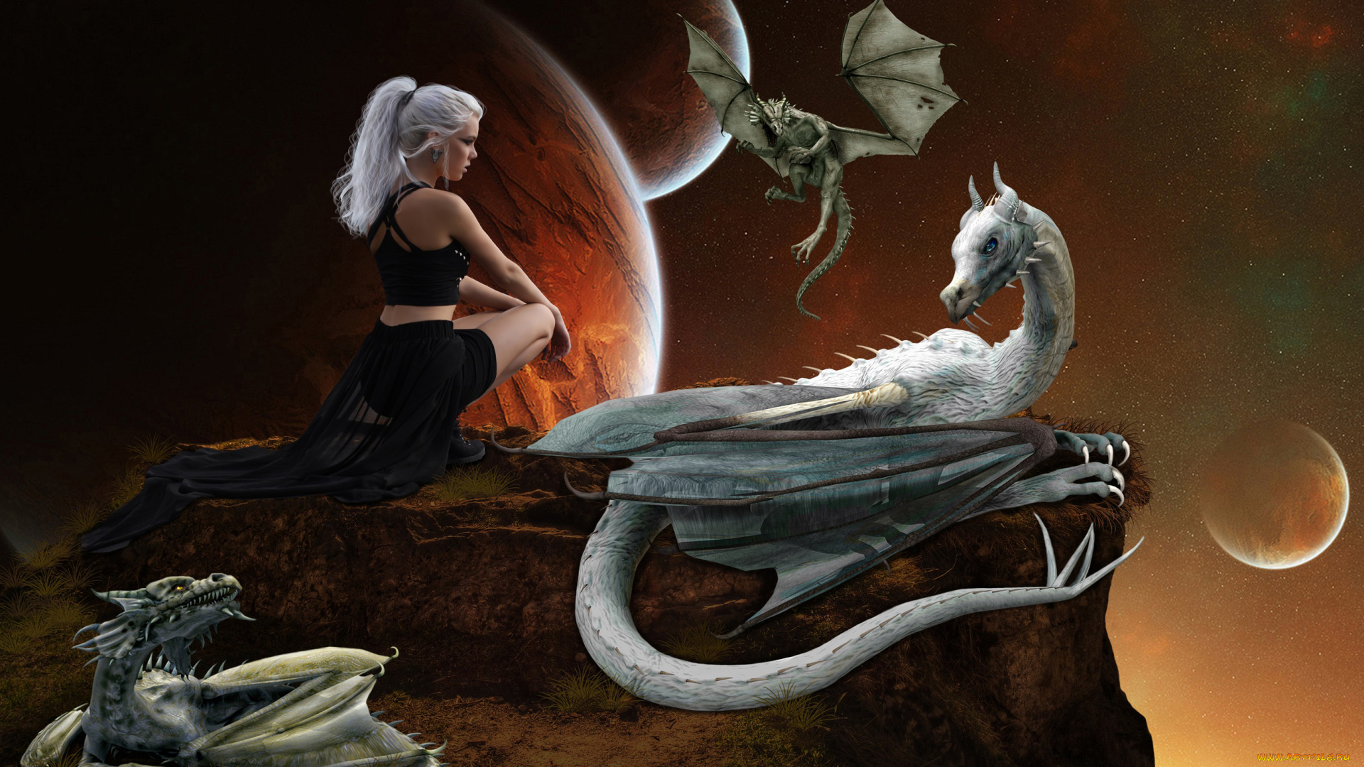 фэнтези, красавицы, и, чудовища, девушка, планета, фон, драконы