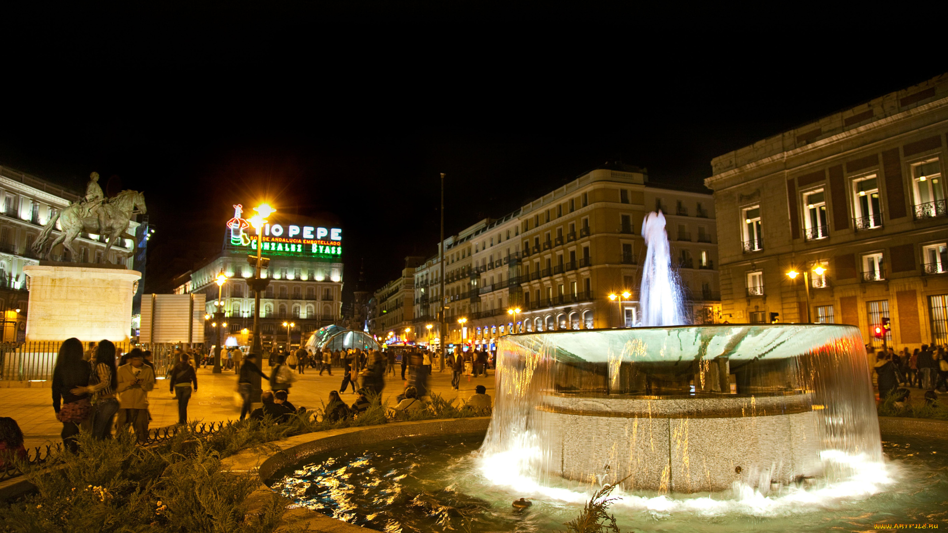 города, мадрид, , испания, площадь, огни, дома, здания, люди, фонтан, вечер
