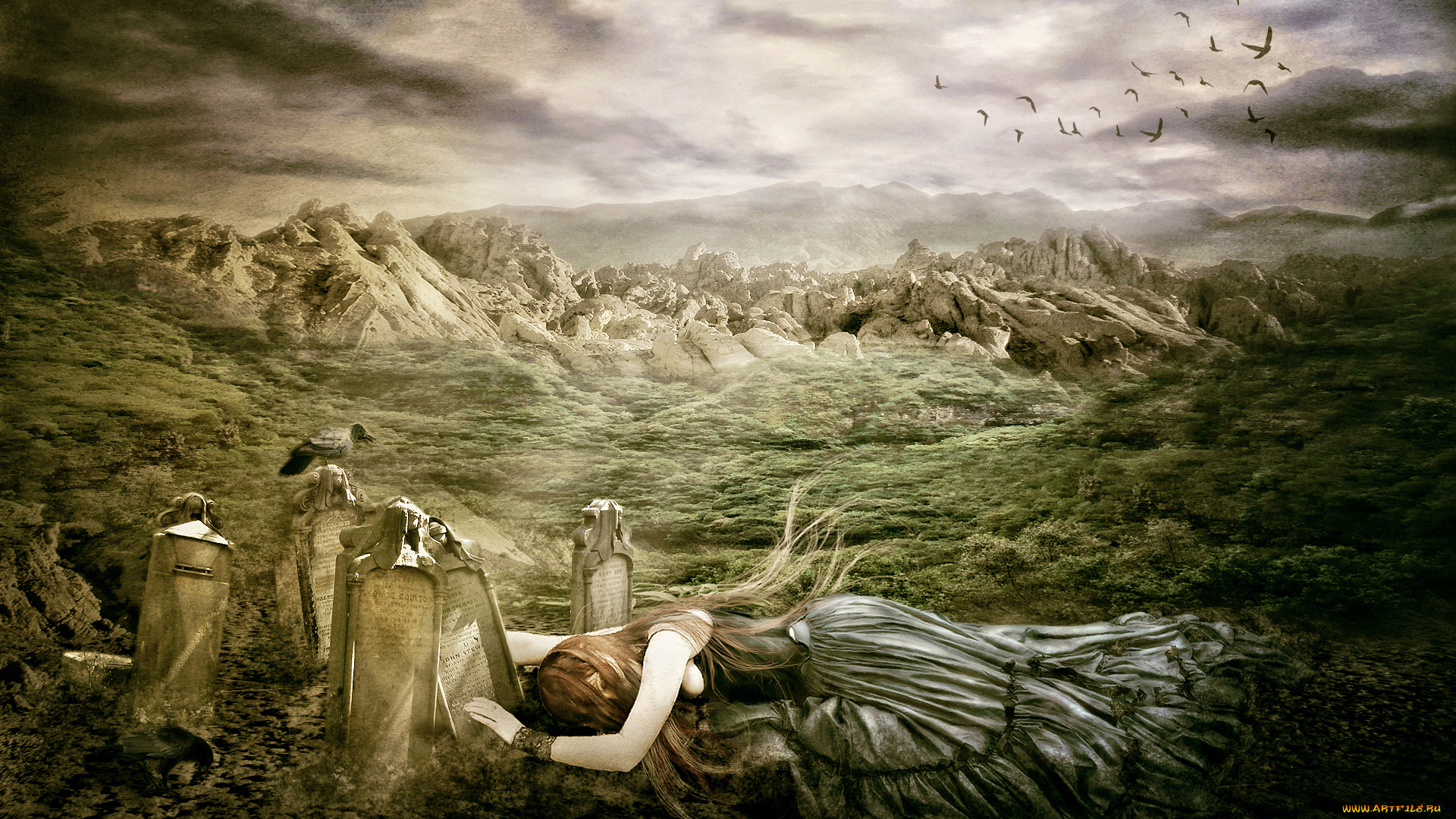 разное, компьютерный, дизайн, фоне, птицы, девушка, памятник