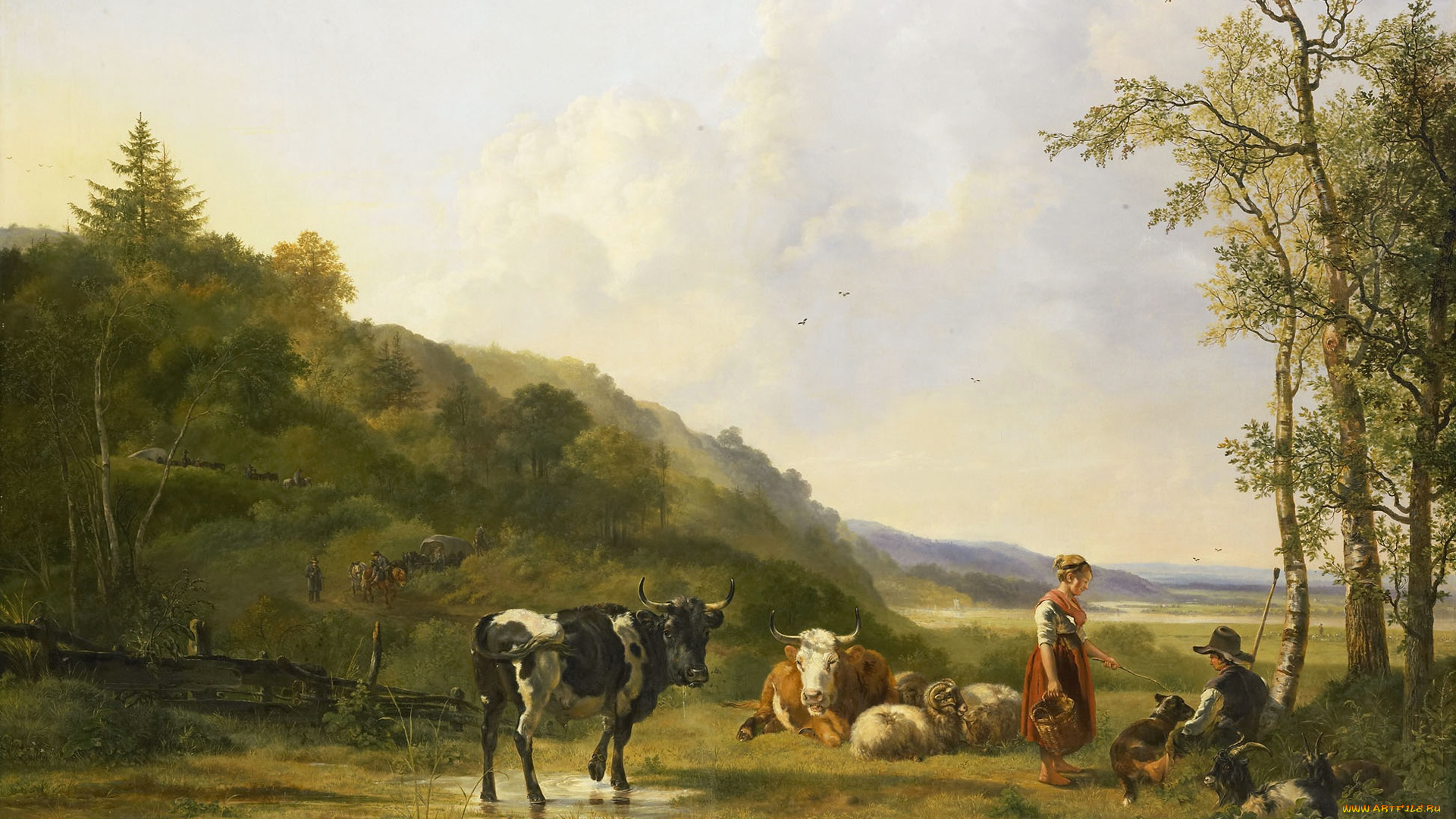 рисованное, живопись, пейзаж, с, пастухами, и, скотом, питер, герардус, ван, ос, холст, картина, масло, животные