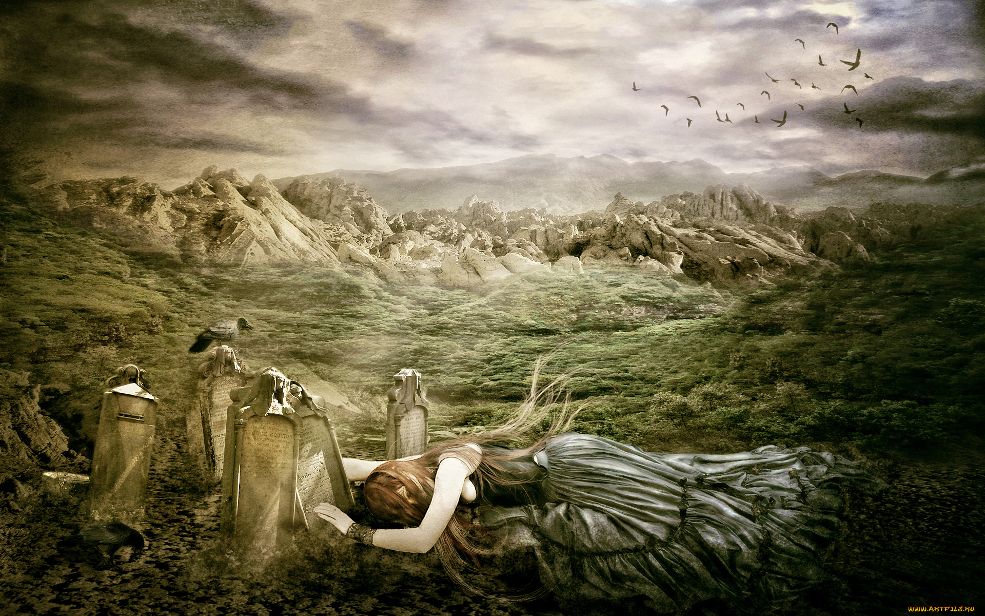 разное, компьютерный, дизайн, фоне, птицы, девушка, памятник