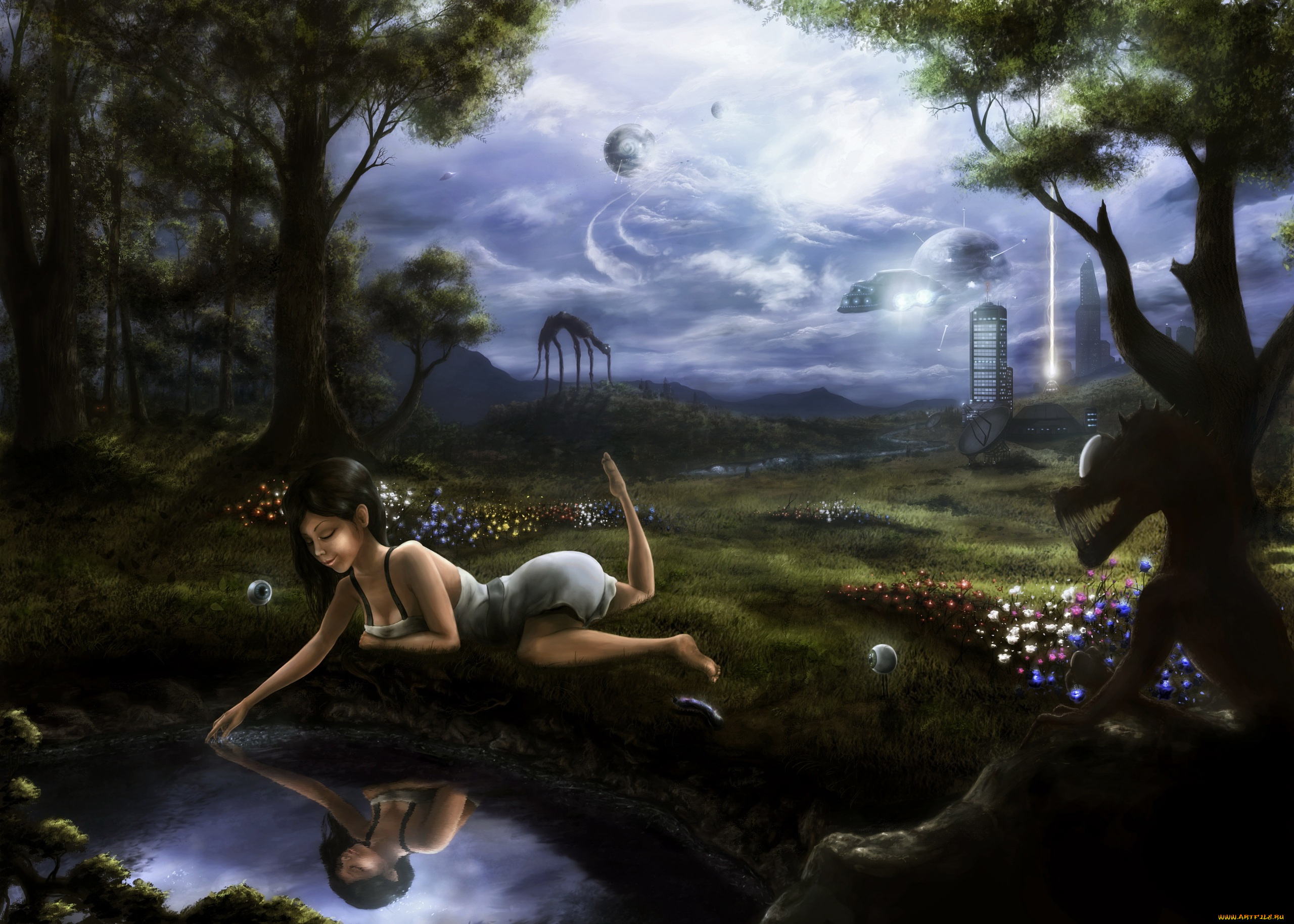 фэнтези, красавицы, и, чудовища, иной, мир, девушка, монстр, лес, озеро