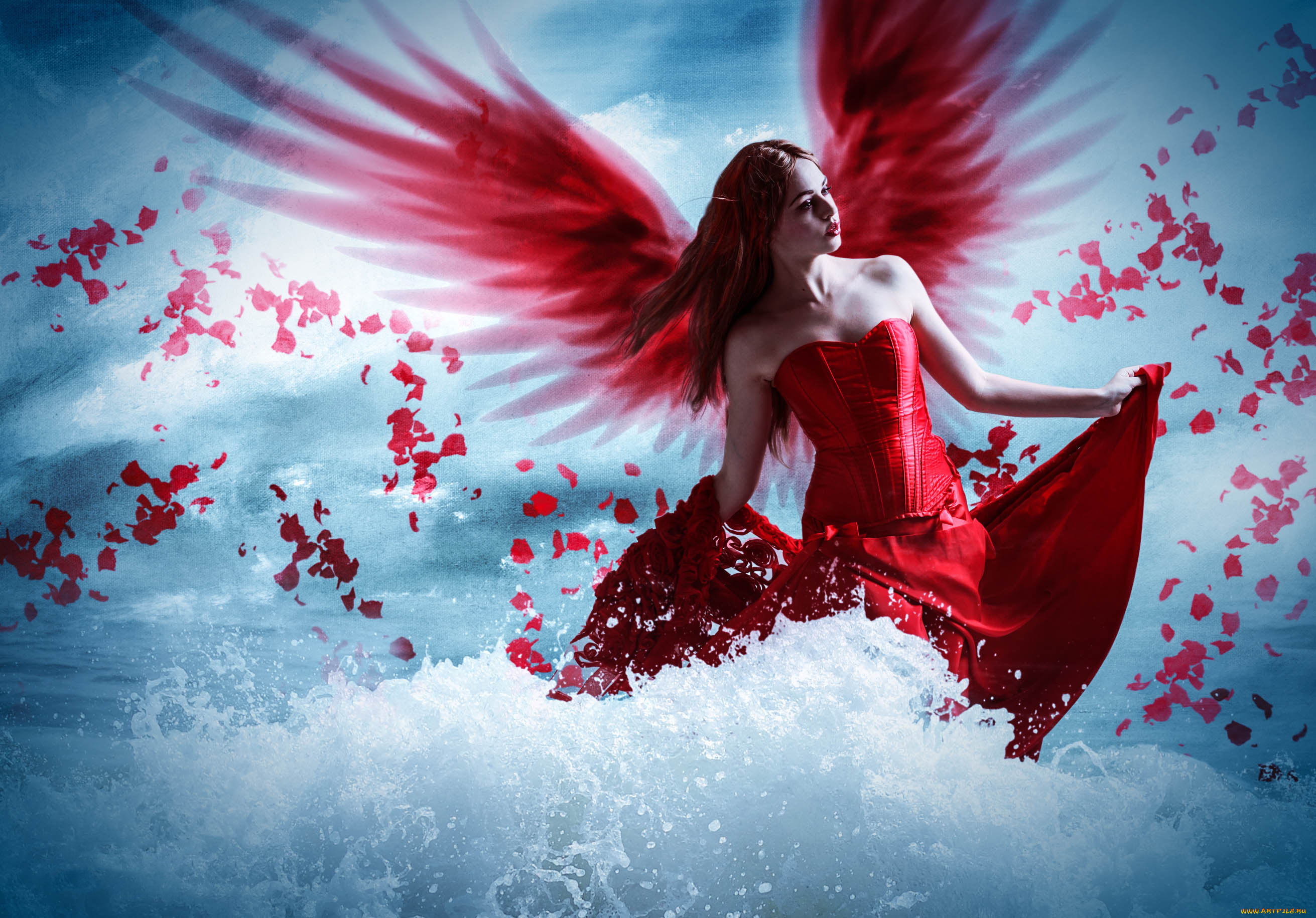 фэнтези, фотоарт, фон, волна, девушка, крылья, платье