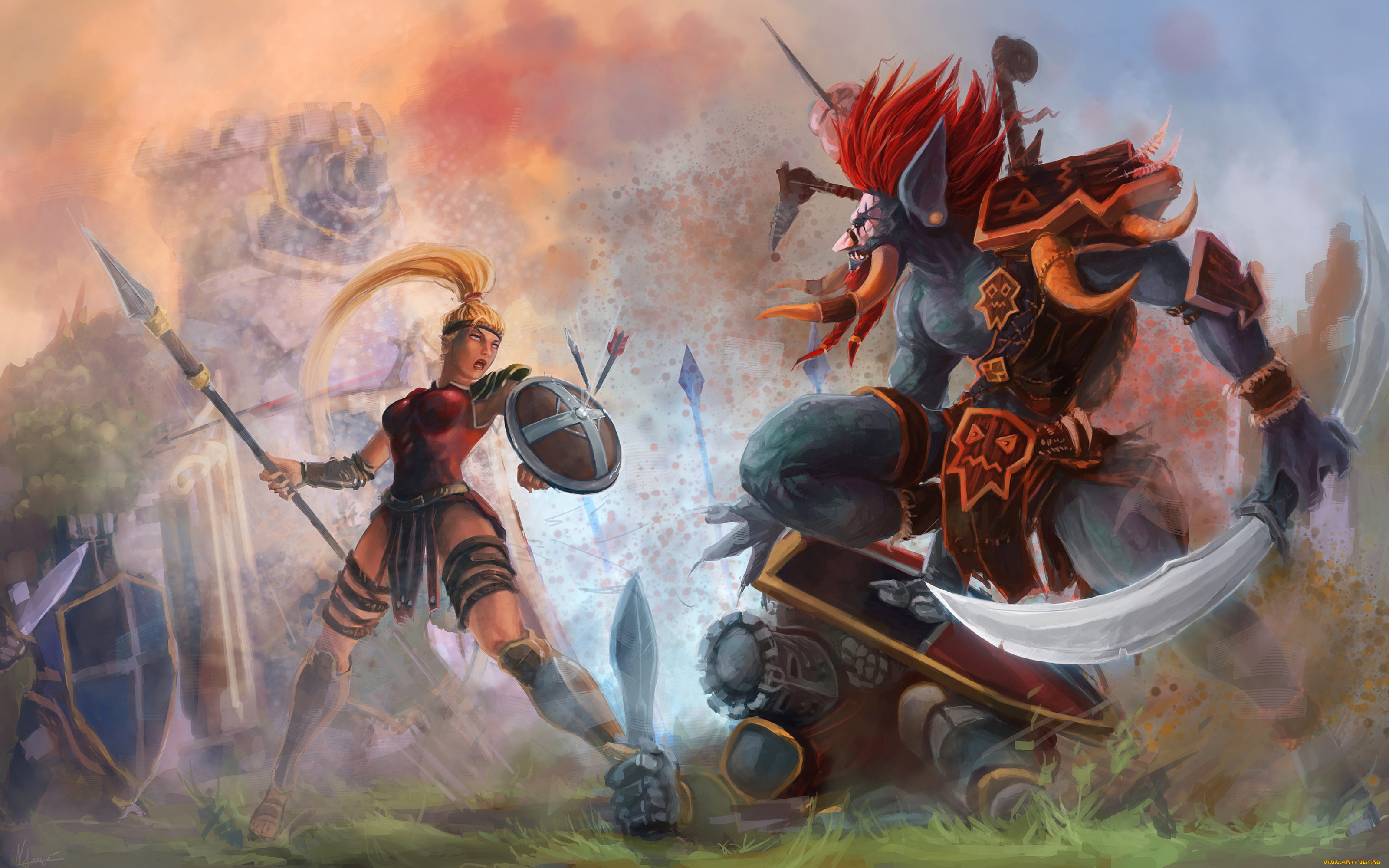 фэнтези, красавицы, и, чудовища, девушка, воин, схватка, существо