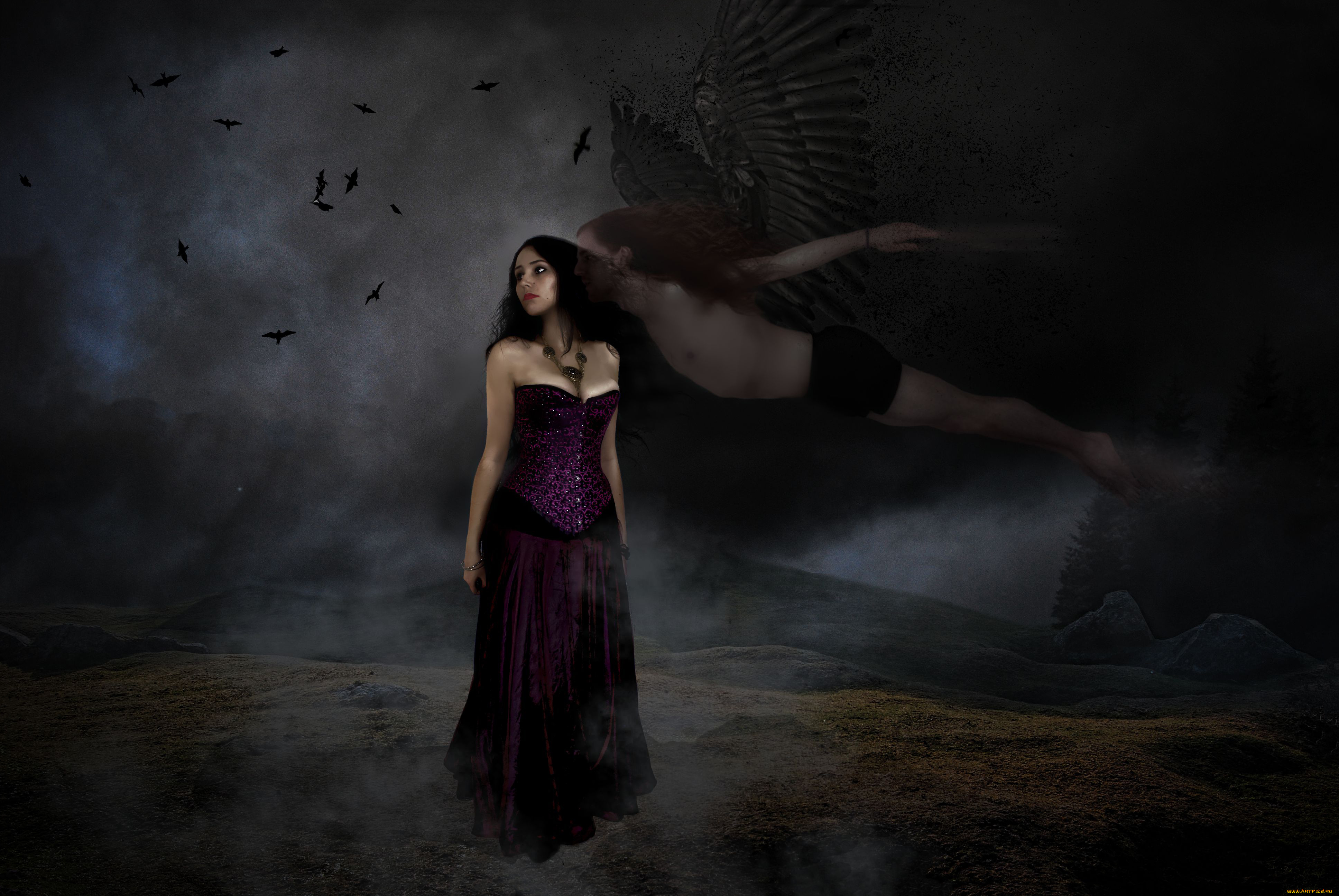 фэнтези, фотоарт, фон, крылья, девушка, мужчина