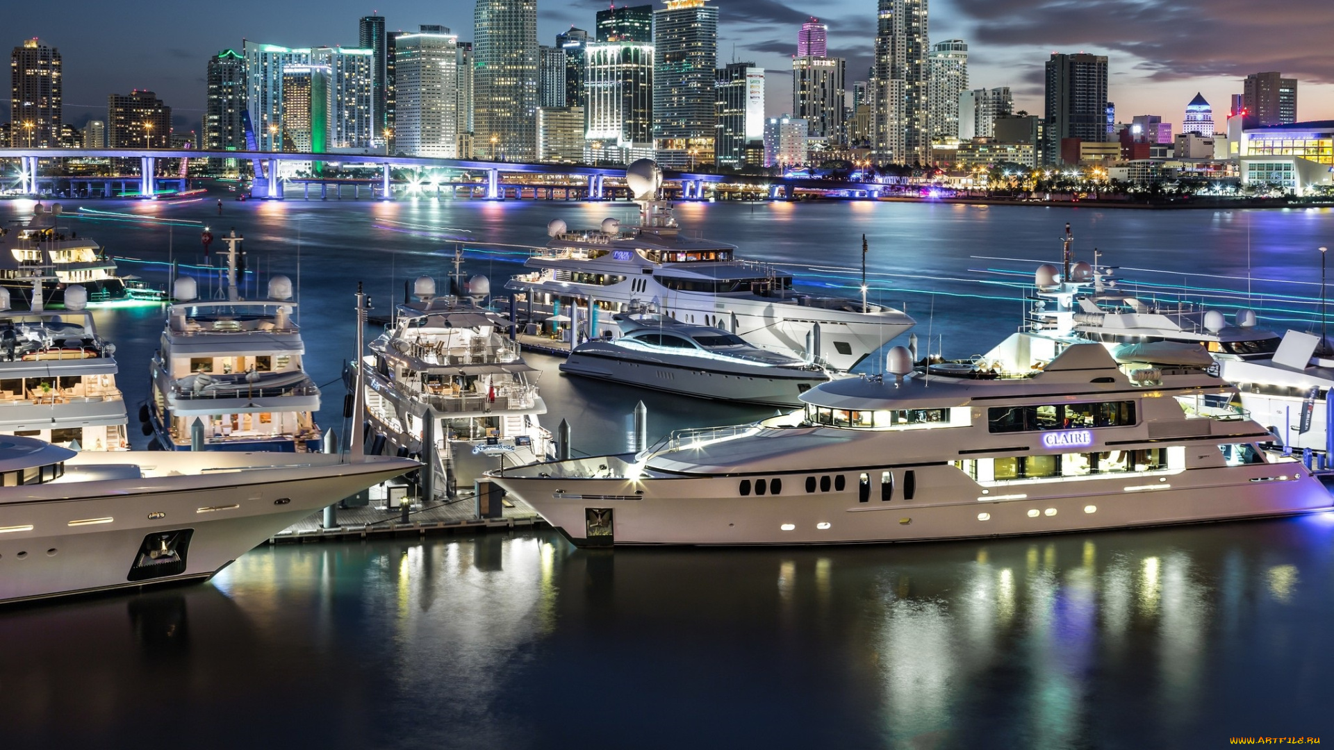 корабли, Яхты, город, ночь, яхты, огни