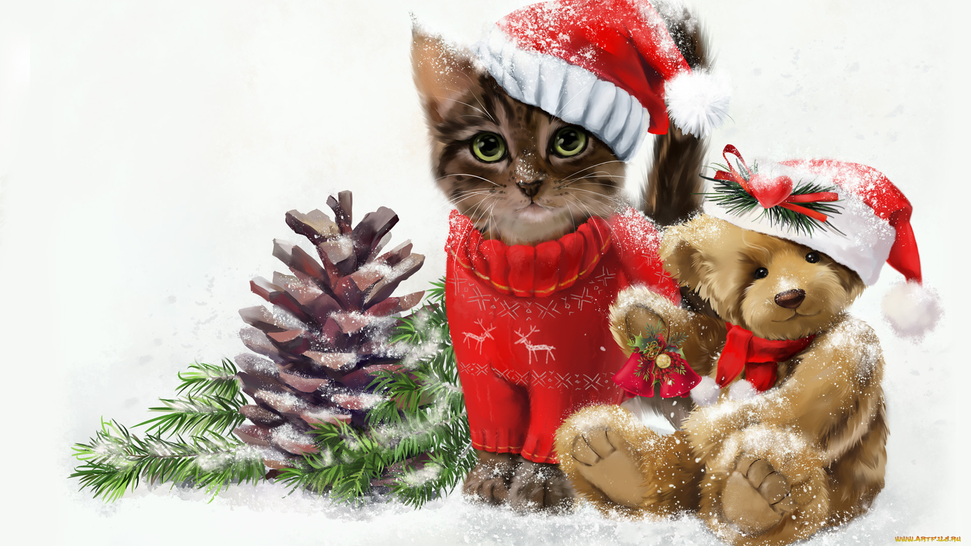 праздничные, рисованные, котенок, мишка, фон, взгляд