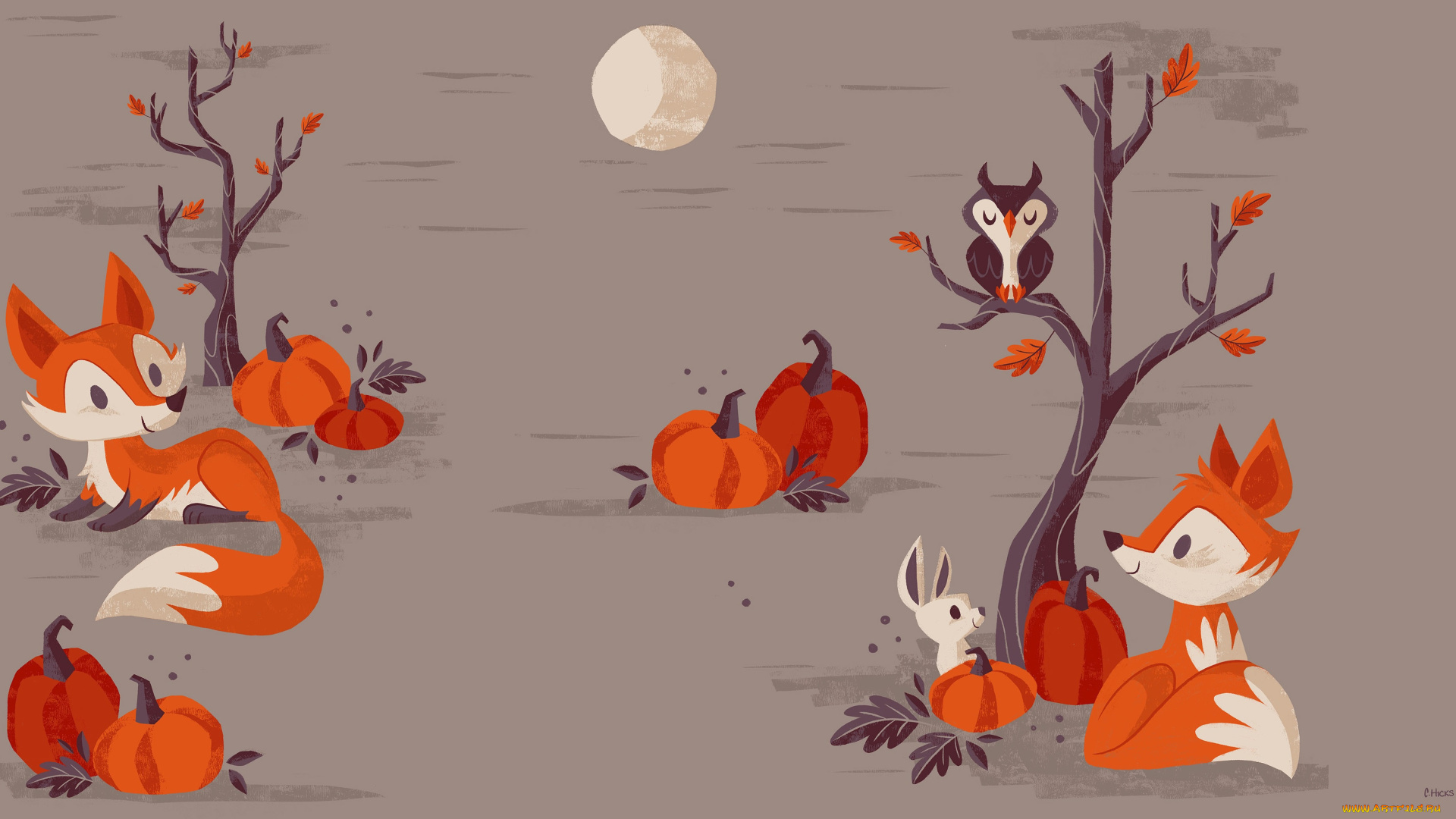 векторная, графика, другое, , other, хэллоуин, вектор, луна, арт, лисичка, тыква, детская, ночь, праздник