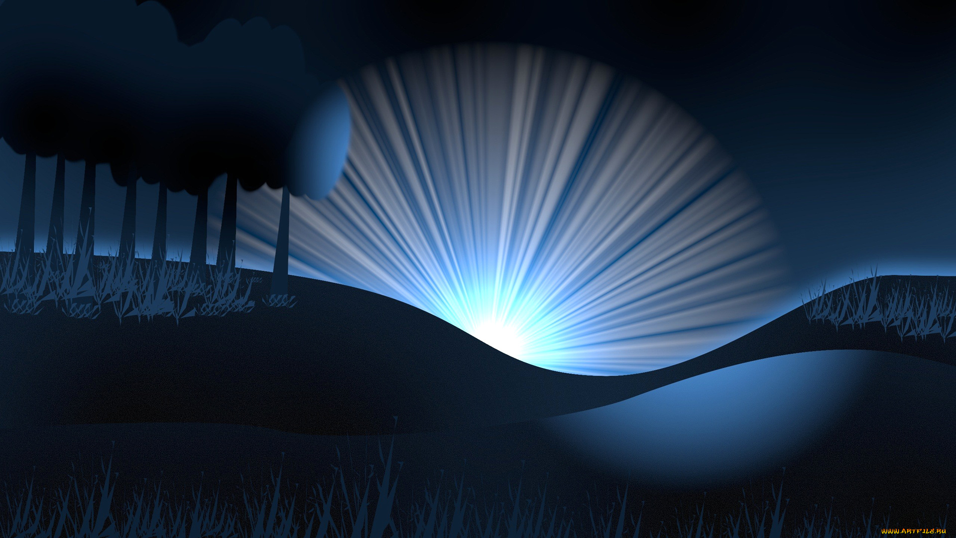 векторная, графика, природа, , nature, восход, холмы, деревья