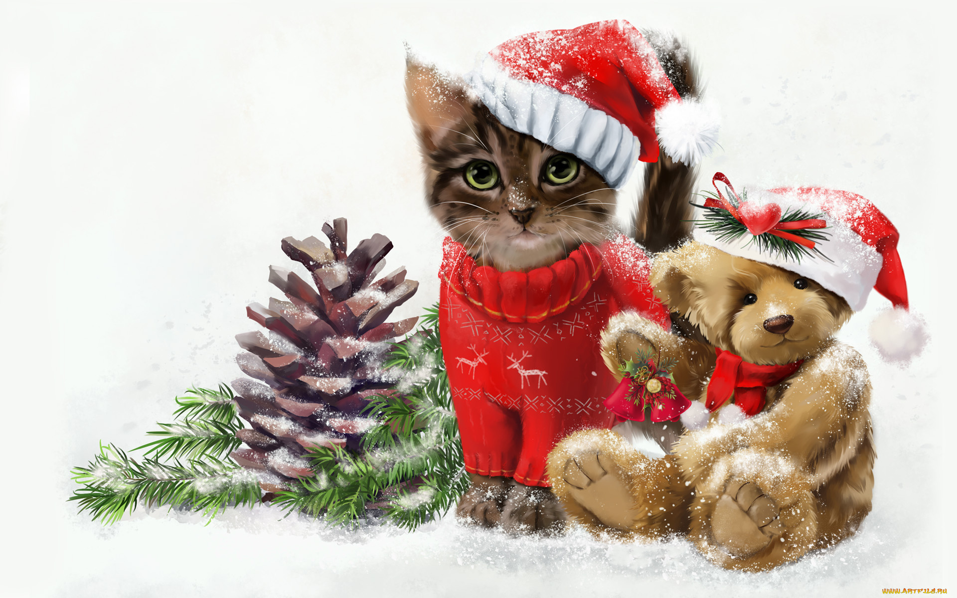 праздничные, рисованные, котенок, мишка, фон, взгляд
