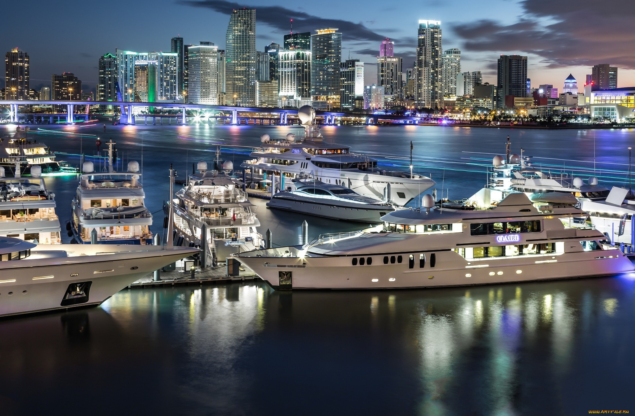 корабли, Яхты, город, ночь, яхты, огни