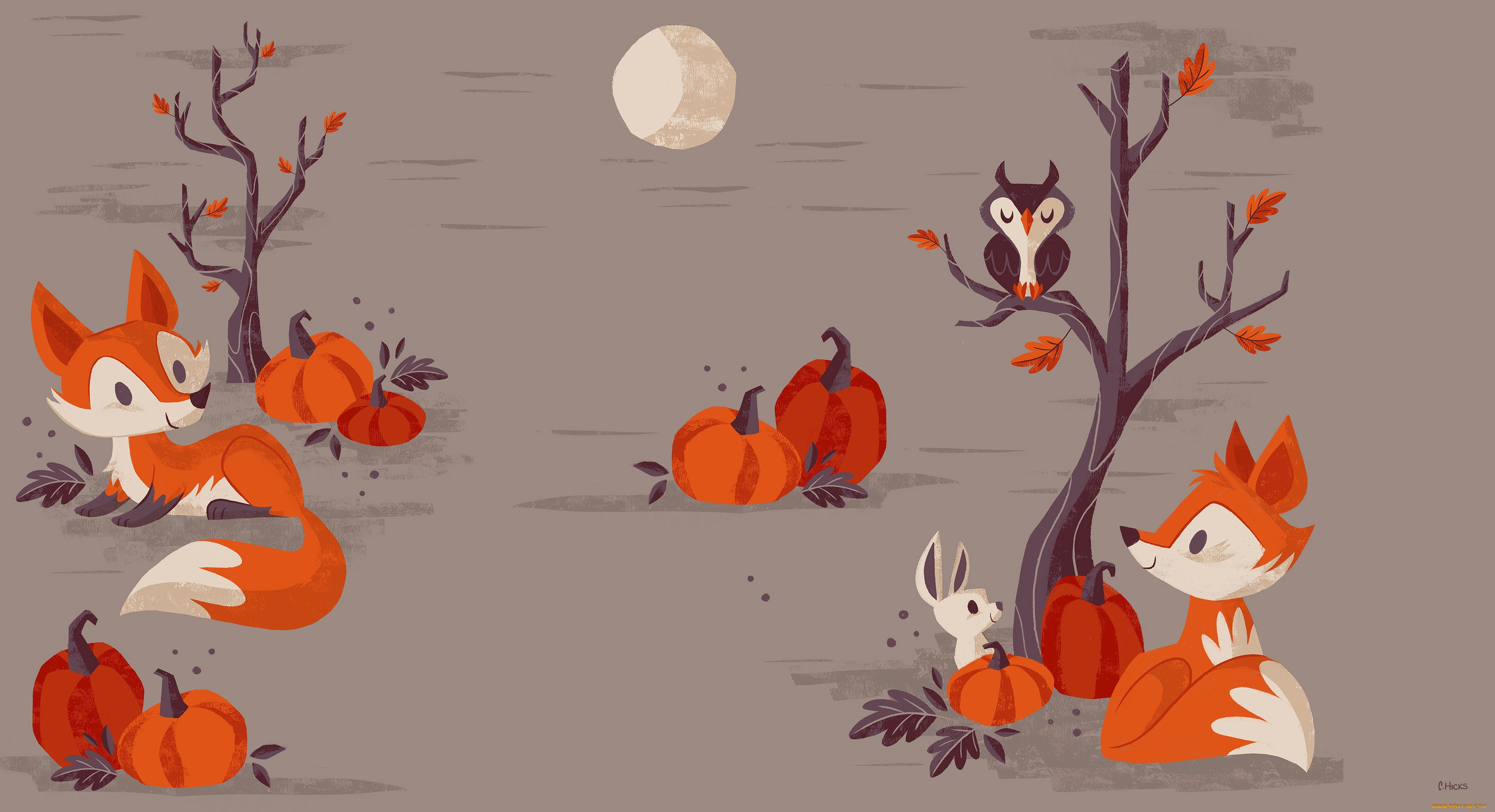 векторная, графика, другое, , other, хэллоуин, вектор, луна, арт, лисичка, тыква, детская, ночь, праздник