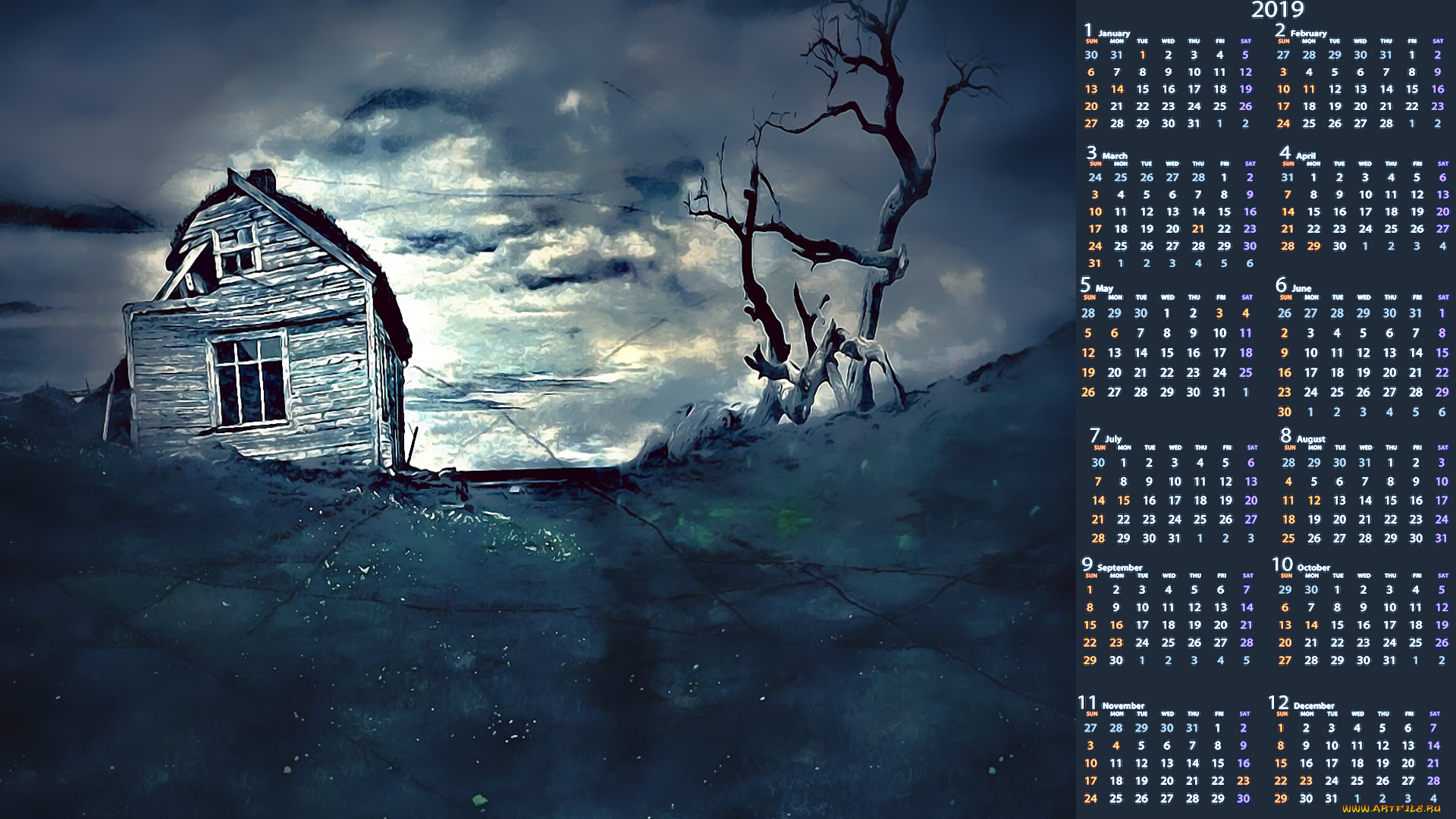 календари, 3д-графика, дом, дерево