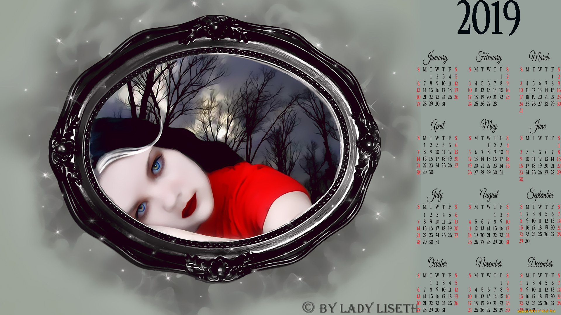 календари, фэнтези, портрет, взгляд, лицо, девушка, рамка