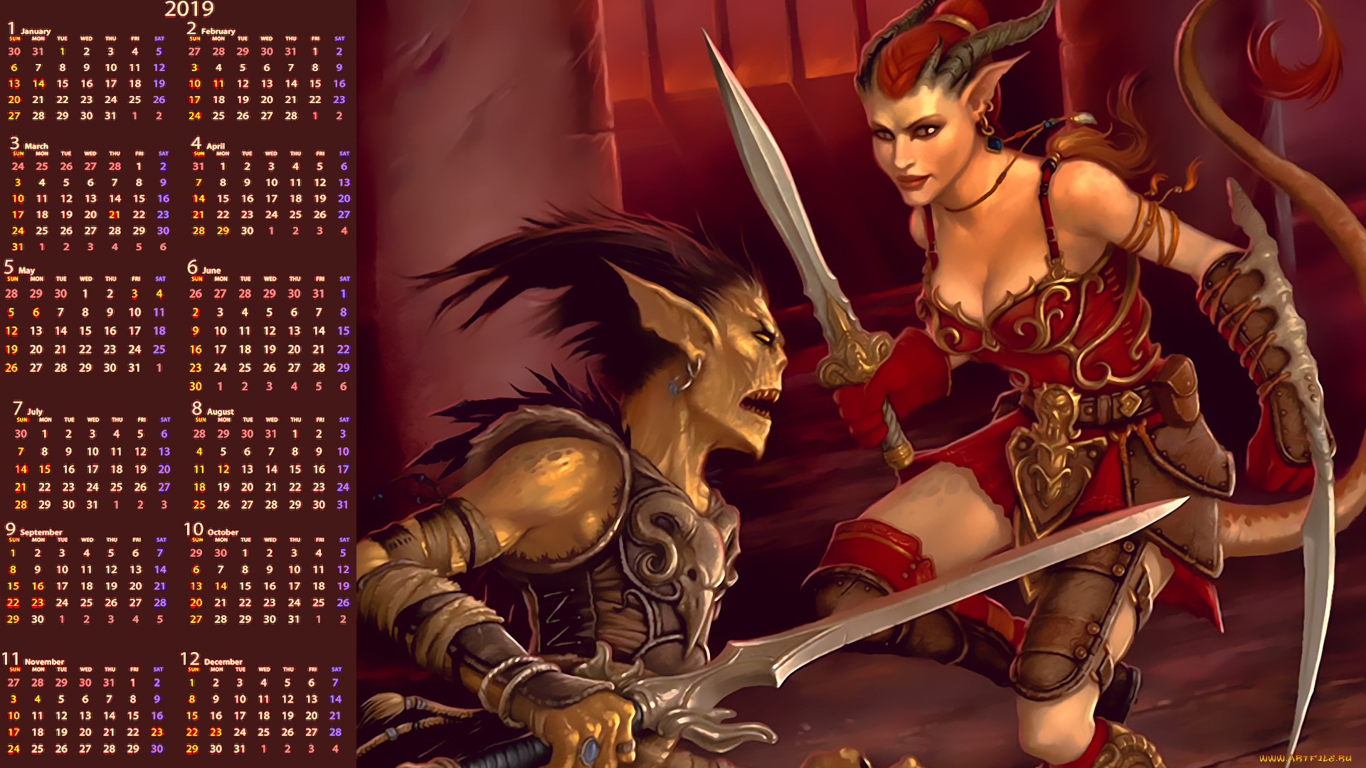 календари, фэнтези, женщина, существо, поединок, оружие