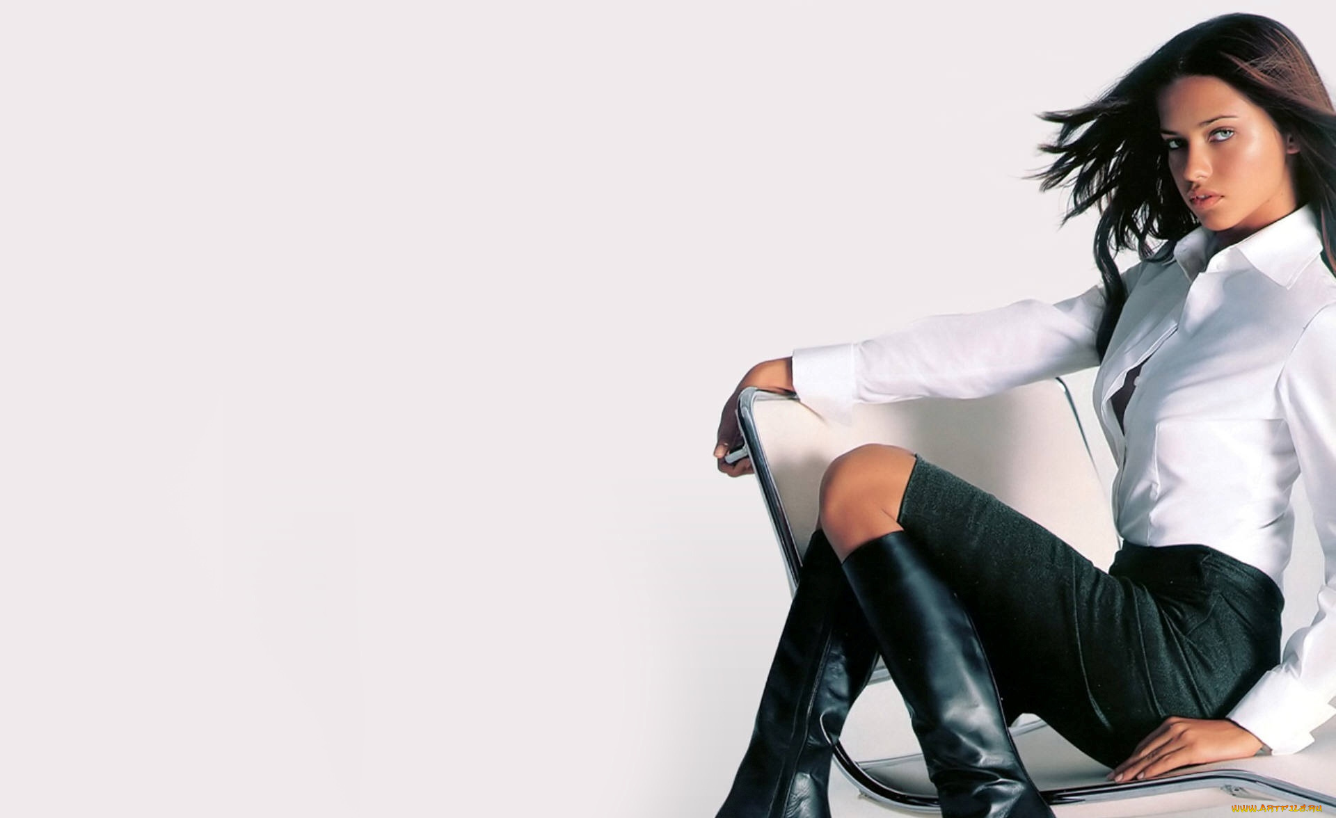 девушки, adriana, lima, брюнетка, модель, кресло, сапоги, юбка, блузка