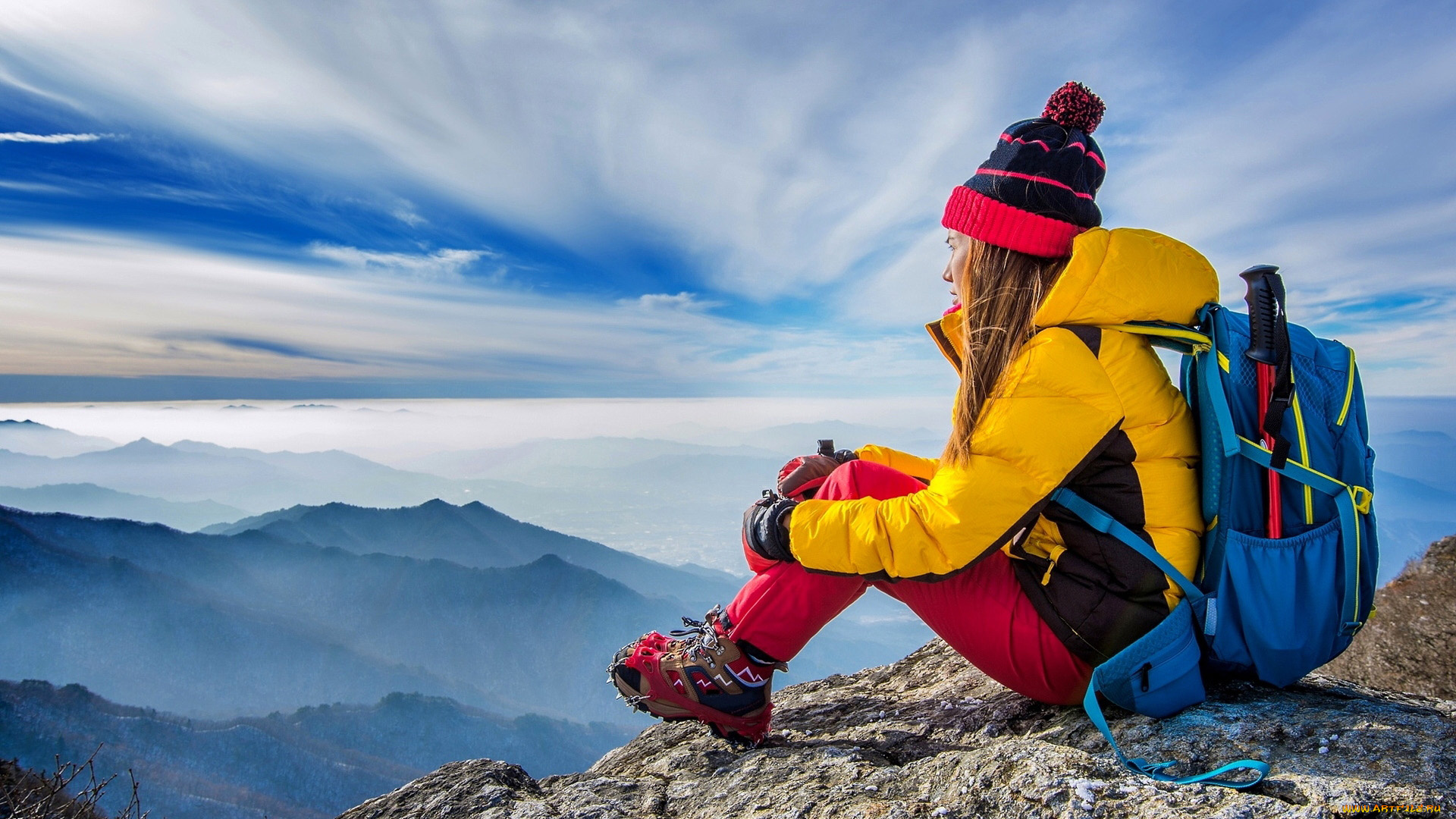 девушки, -, блондинки, , светловолосые, горы, блондинка, рюкзак, поза