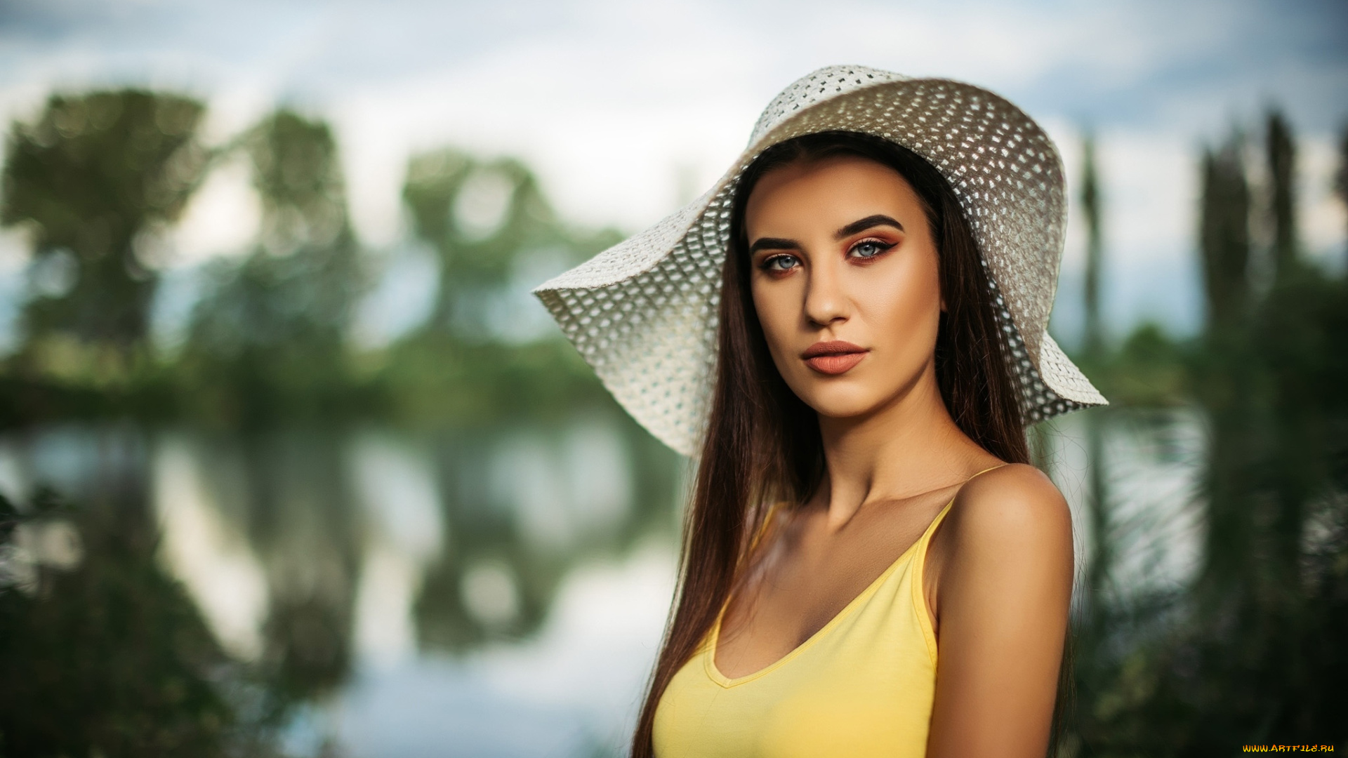 девушки, -, брюнетки, , шатенки, шатенка, декольте, шляпа, взгляд