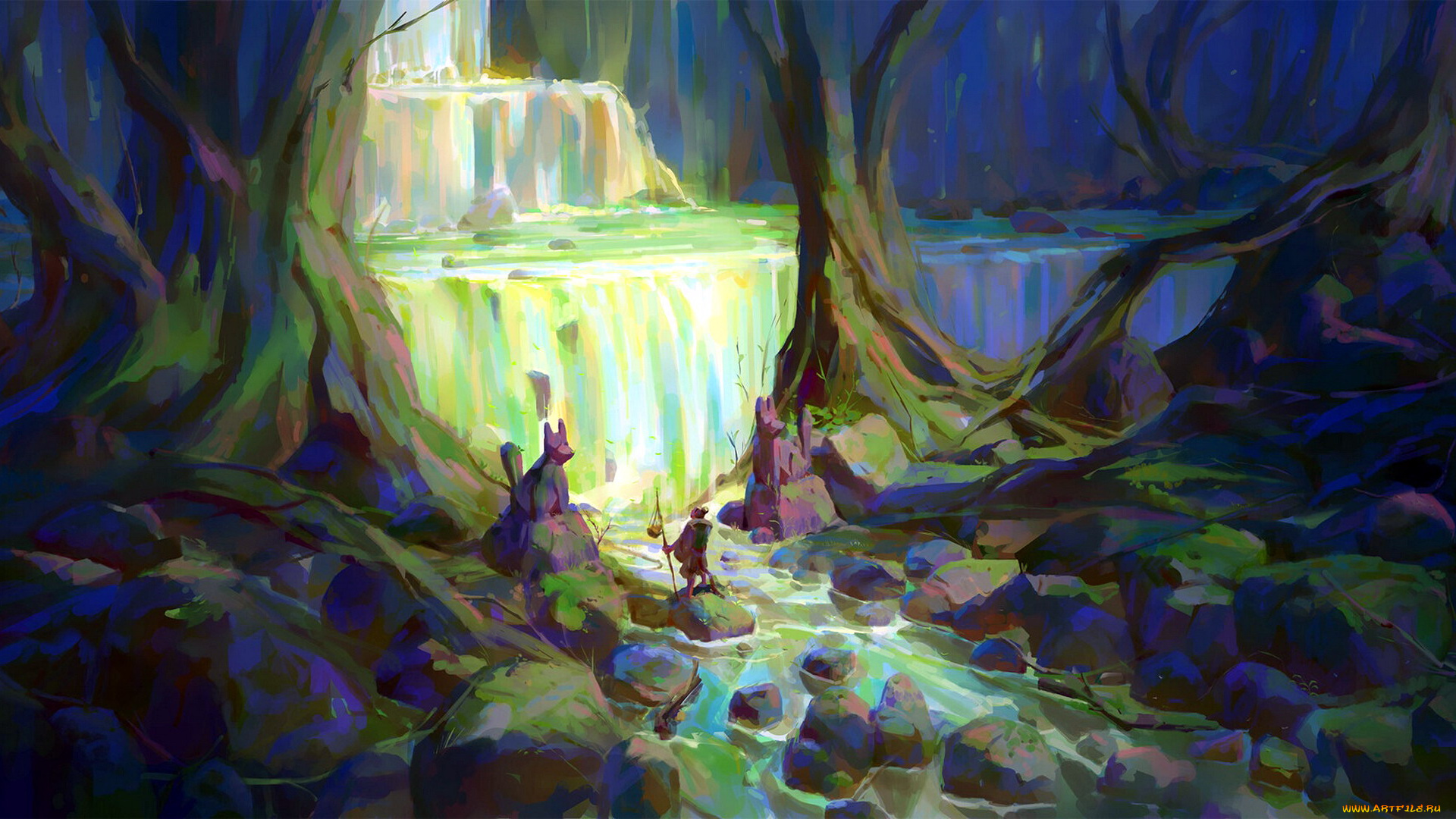 фэнтези, существа, водопад, лес, камни