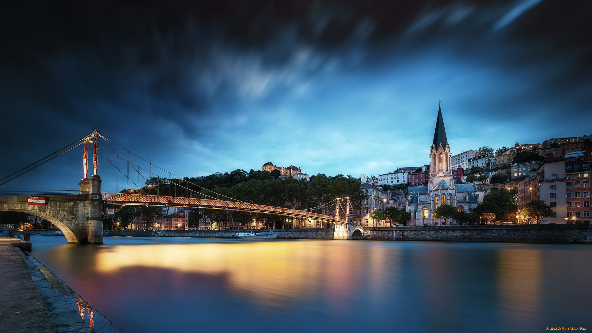 города, лион, , франция, вечер, река, огни, мост