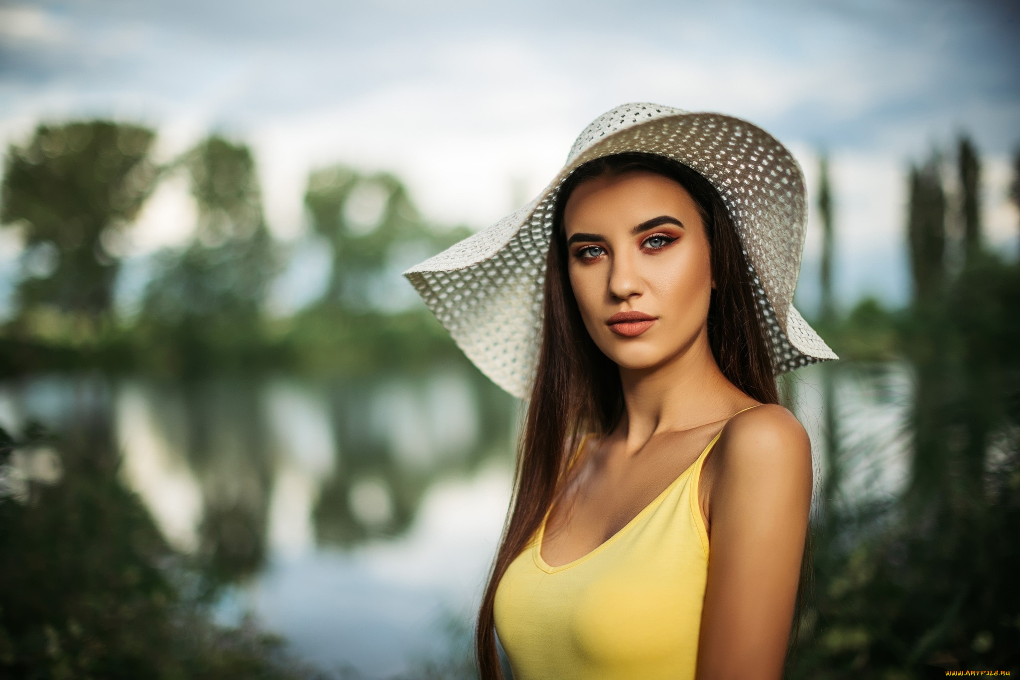 девушки, -, брюнетки, , шатенки, шатенка, декольте, шляпа, взгляд