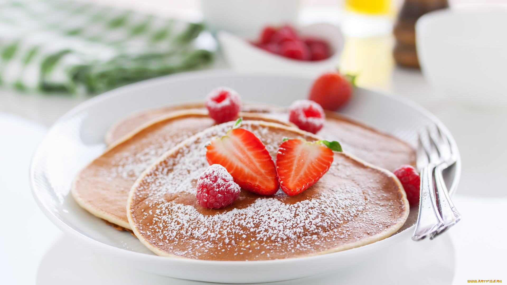 еда, блины, , оладьи, ягоды, клубника