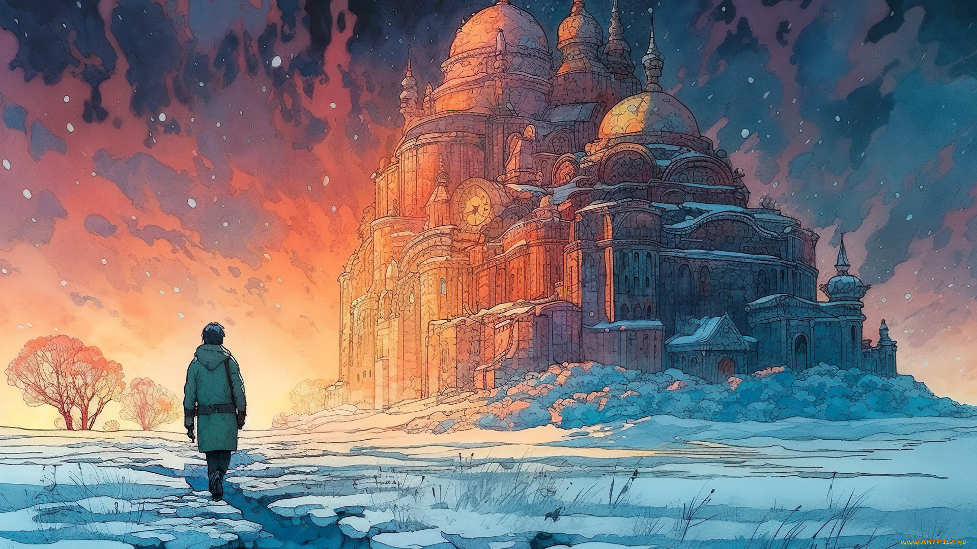 фэнтези, замки, зима, снег