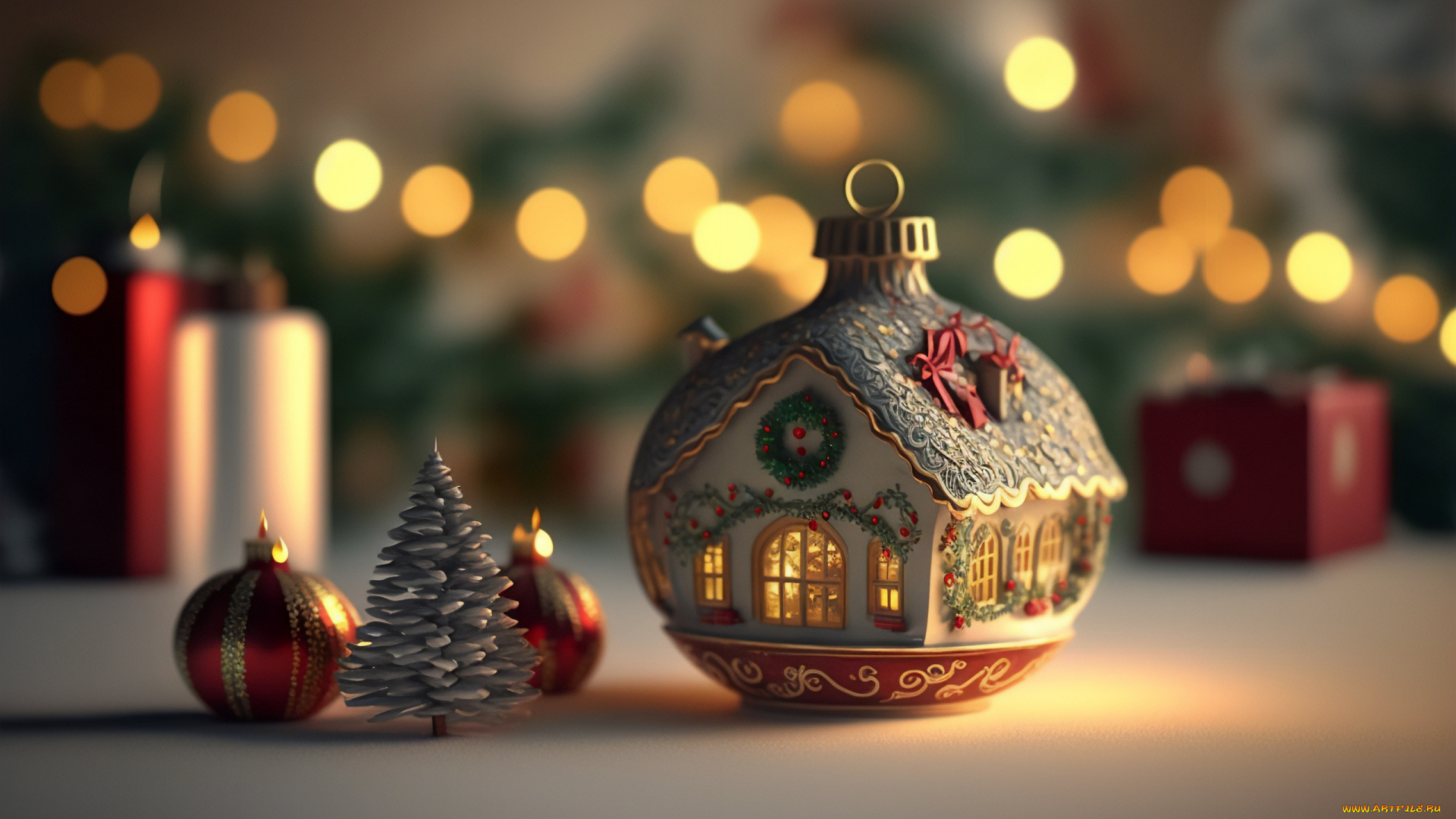 праздничные, украшения, елочка, шарики, новогодний, домик