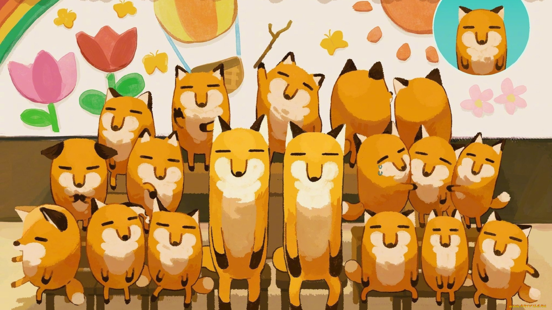 рисованное, животные, , лисы, лисы, скамейки, праздник