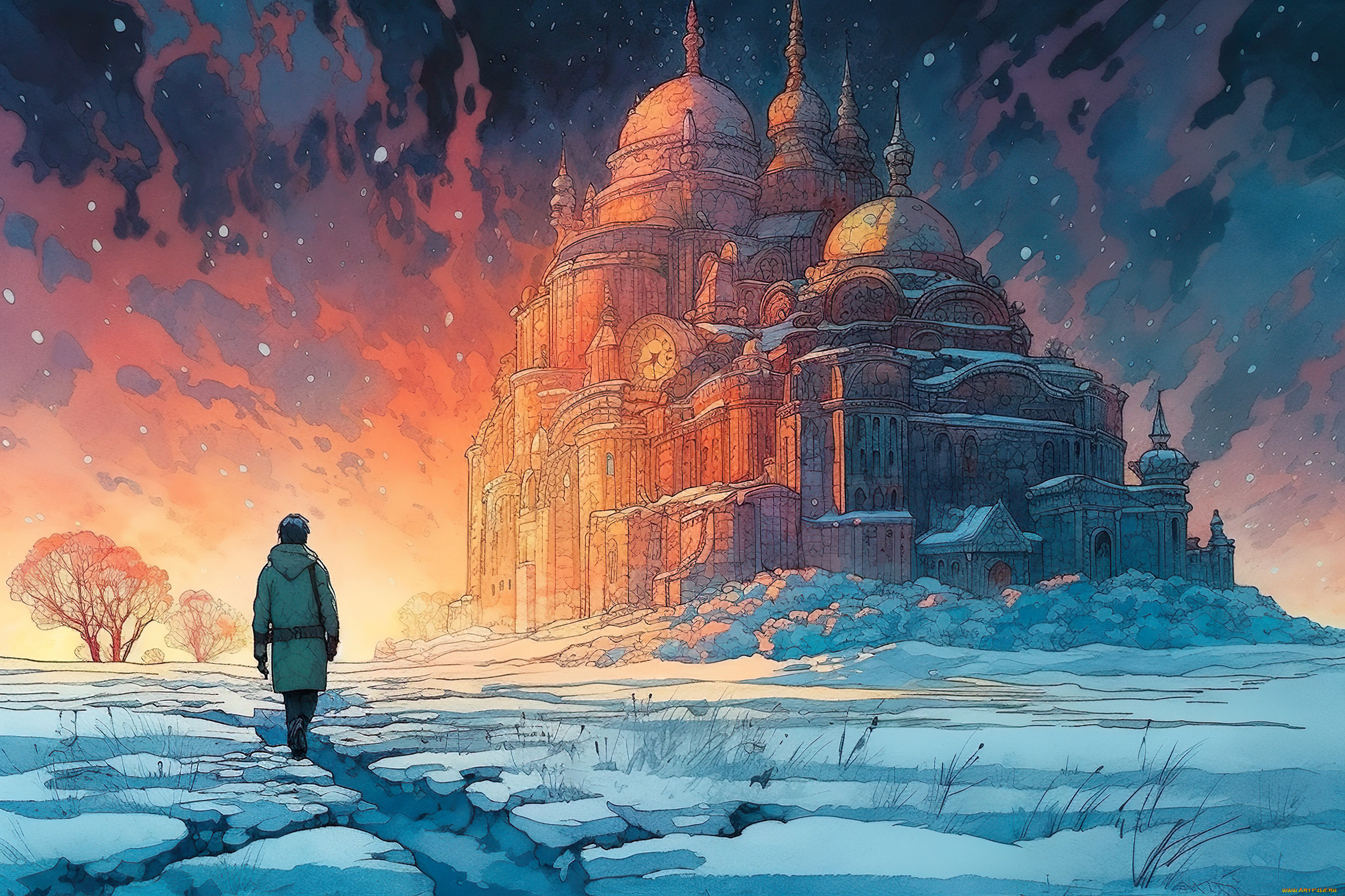 фэнтези, замки, зима, снег