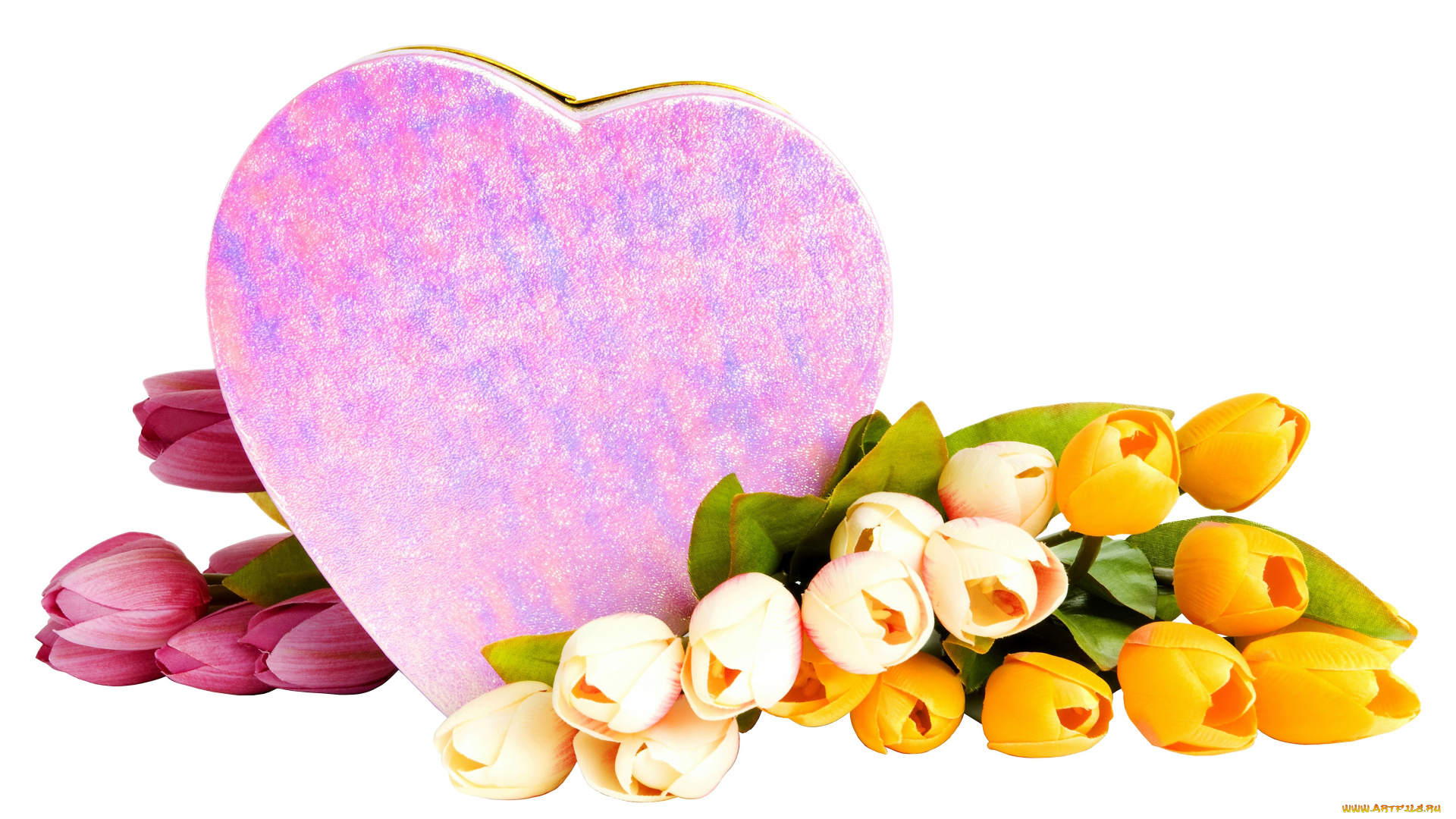 праздничные, подарки, и, коробочки, коробка, сердечко, подарок, тюльпаны, цветы