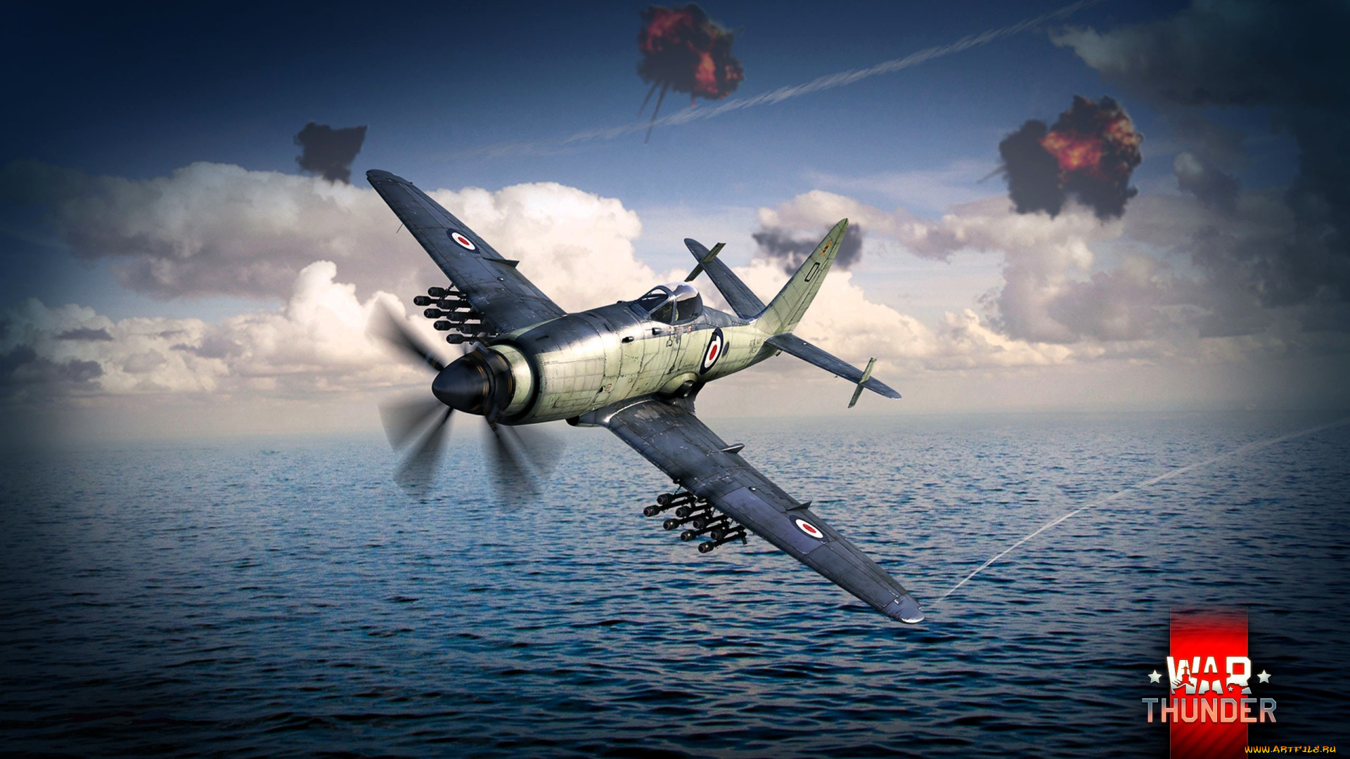 видео, игры, war, thunder, самолет, полет, море, облака, взрывы