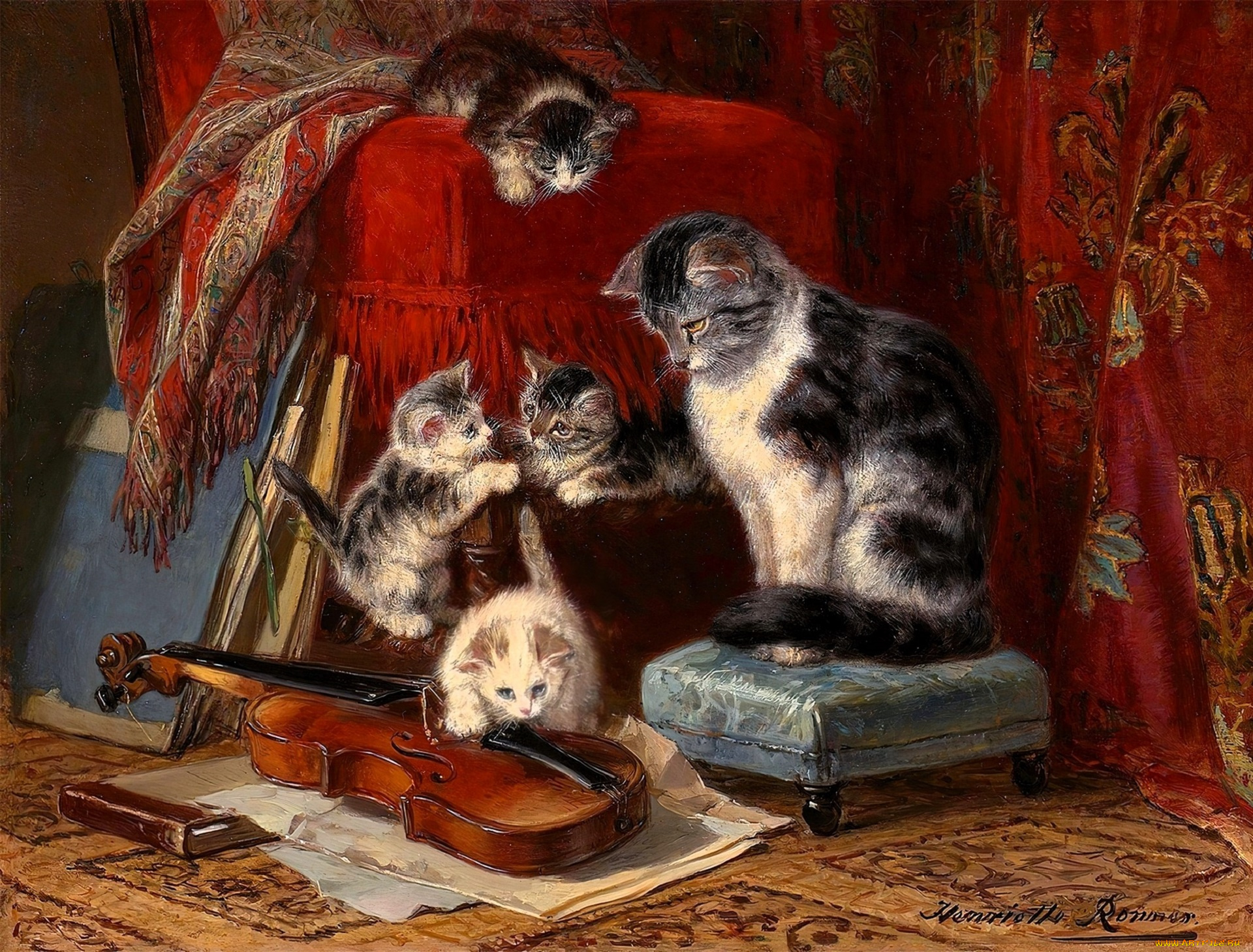 рисованное, henriette, ronner-knip, кошка, котята, скрипка, пуфик