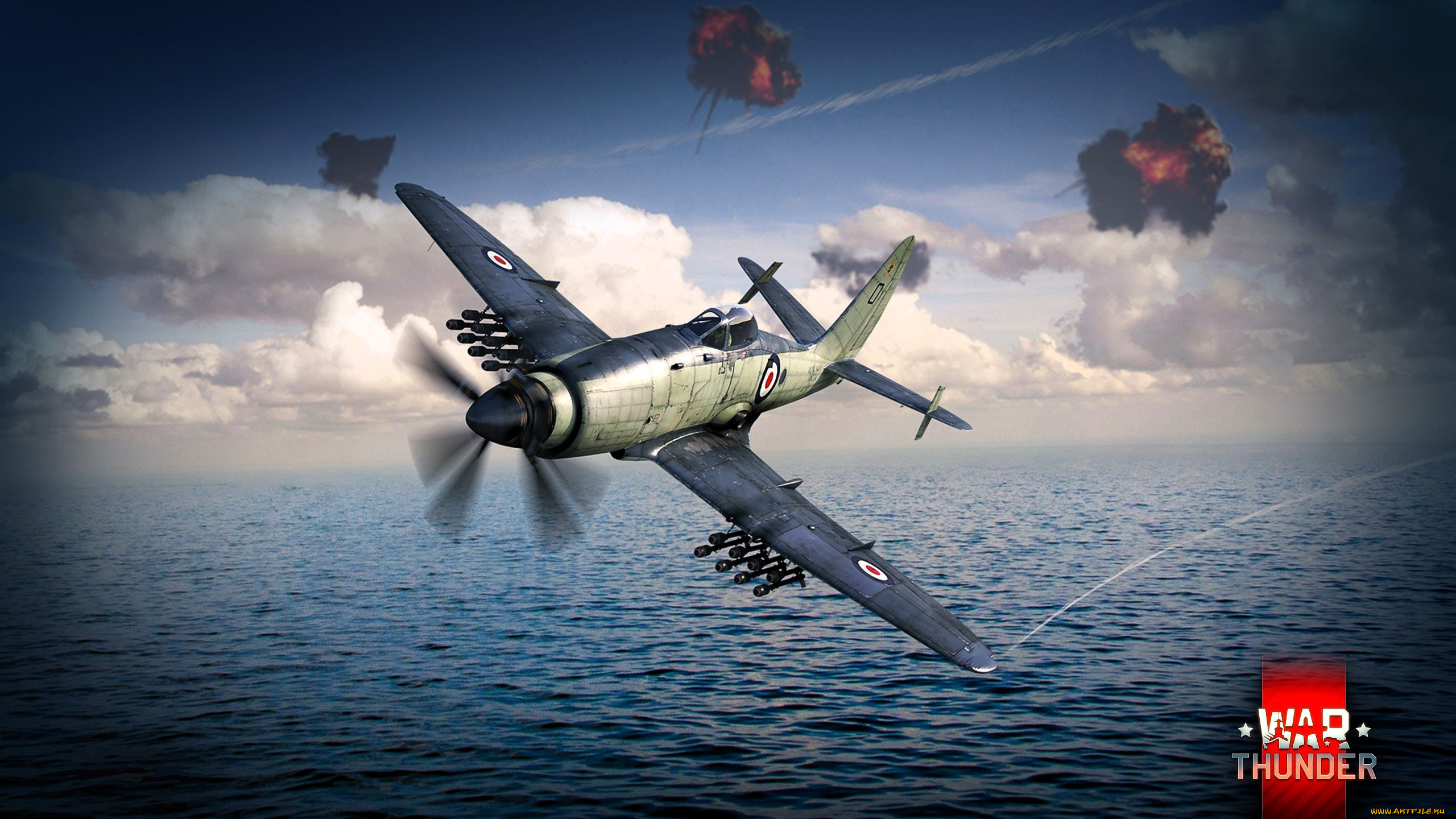 видео, игры, war, thunder, самолет, полет, море, облака, взрывы