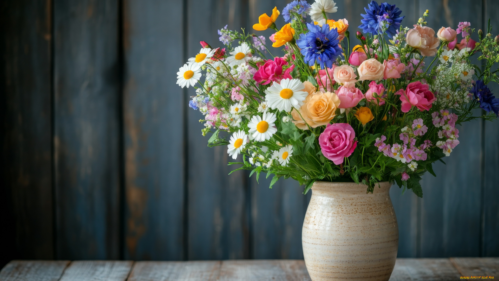 3д, графика, цветы, , flowers, букет, васильки, розы, ромашки