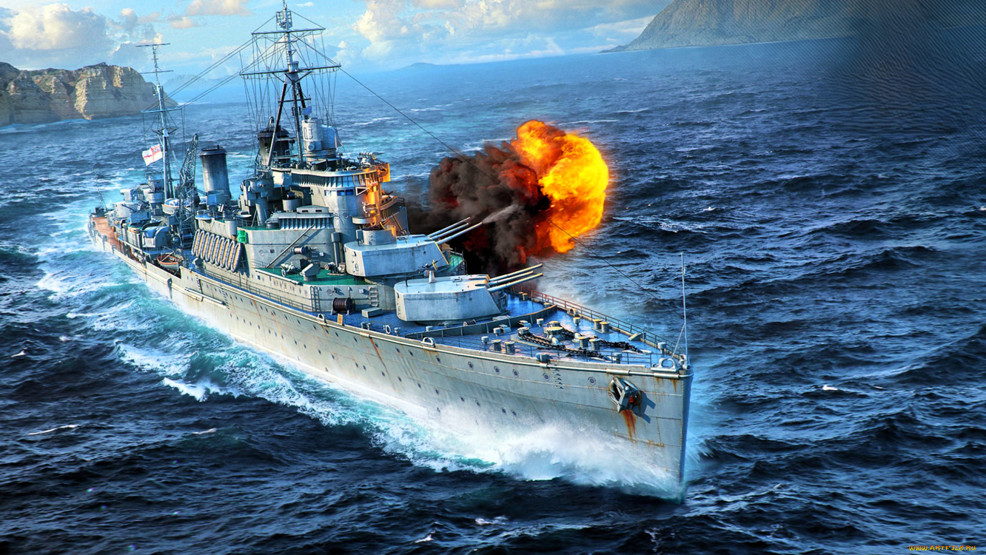 видео, игры, world, of, warships, корабль, огонь, выстрел, море, скалы
