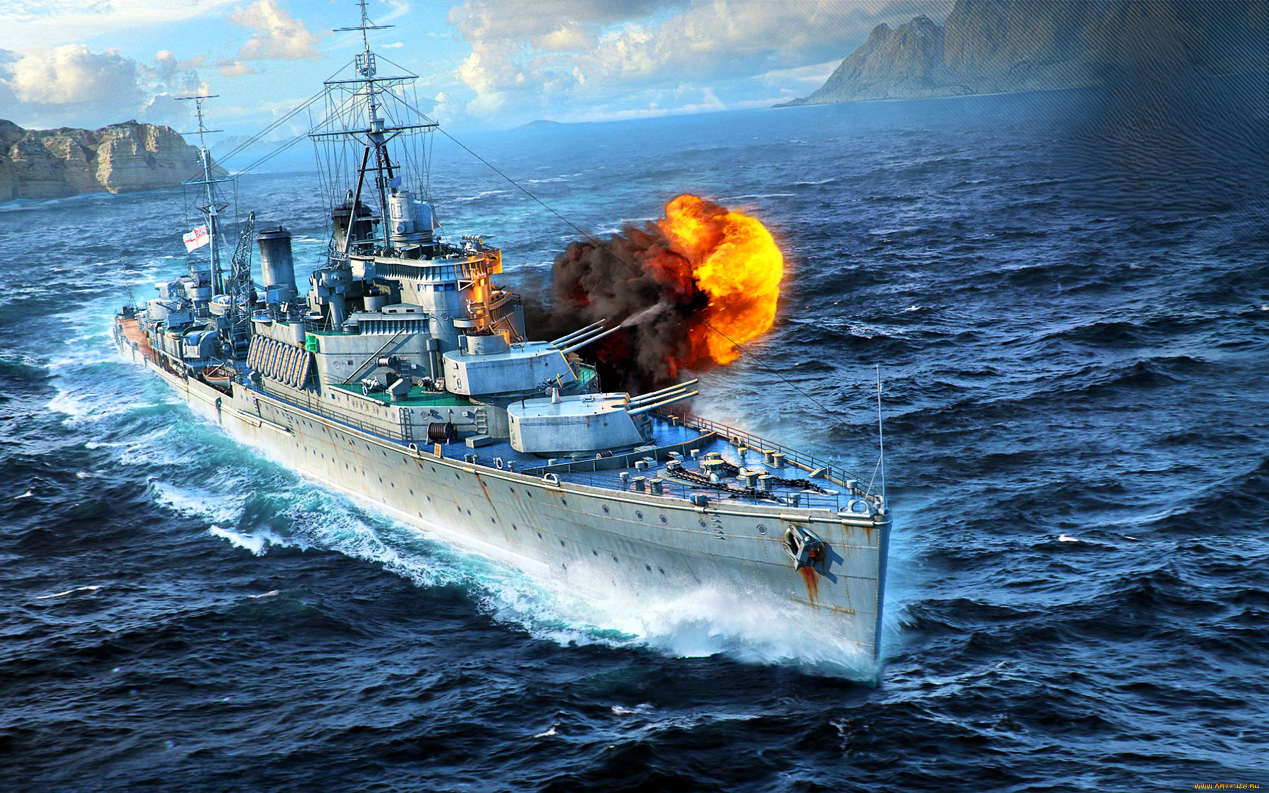 видео, игры, world, of, warships, корабль, огонь, выстрел, море, скалы