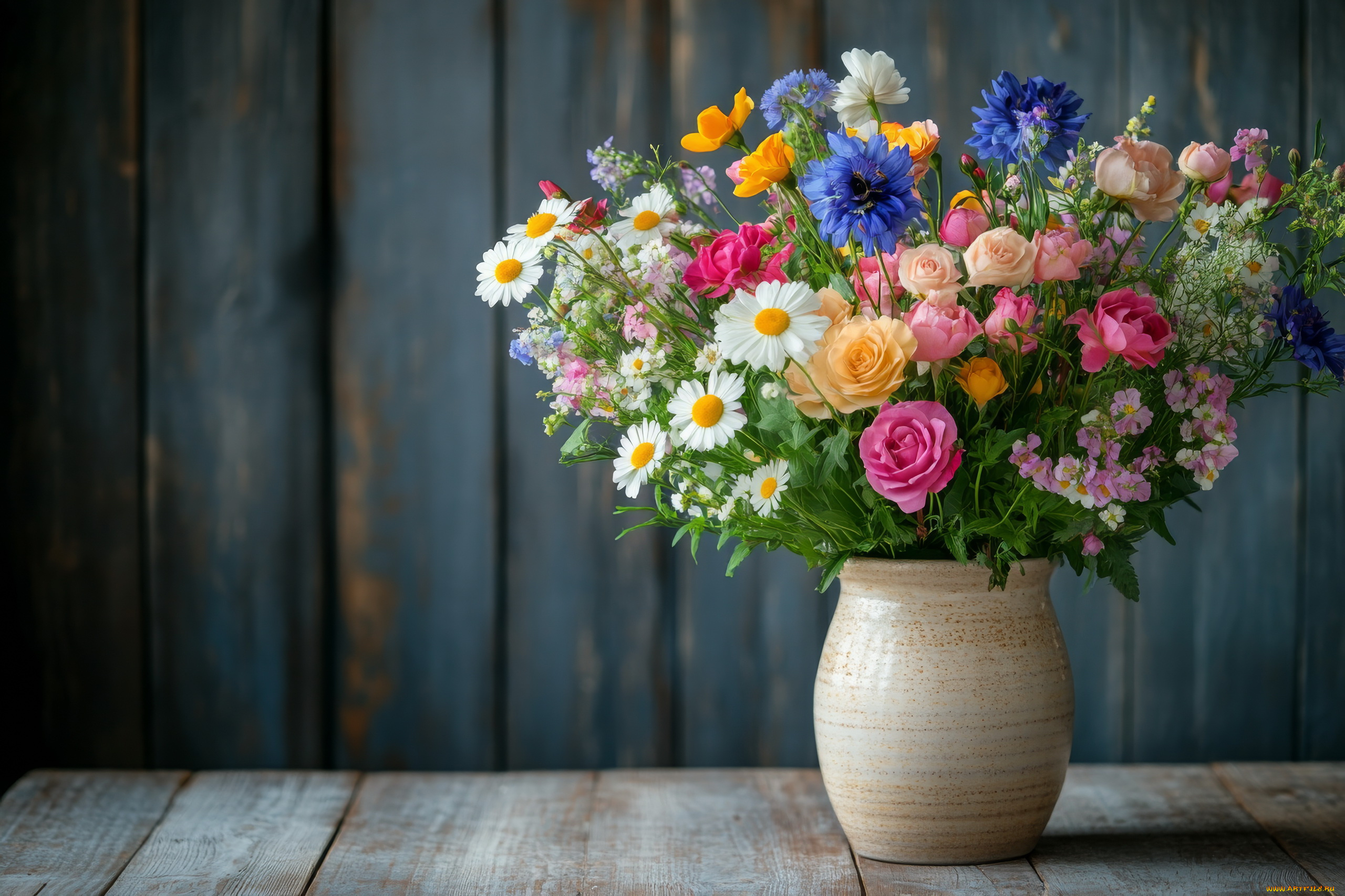 3д, графика, цветы, , flowers, букет, васильки, розы, ромашки