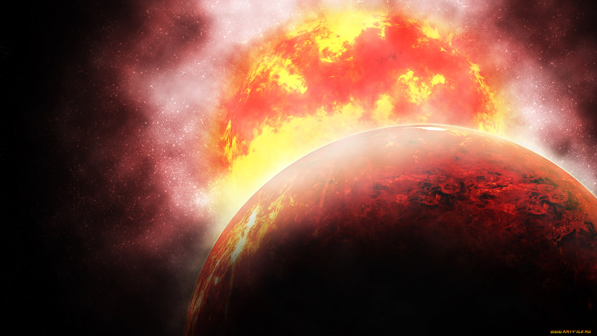 космос, арт, планета, взрыв, звезды