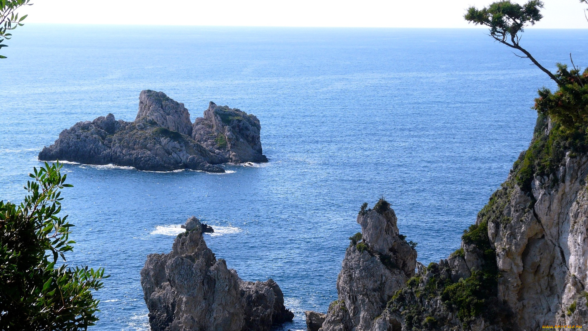 природа, побережье, голубой, скалы, море