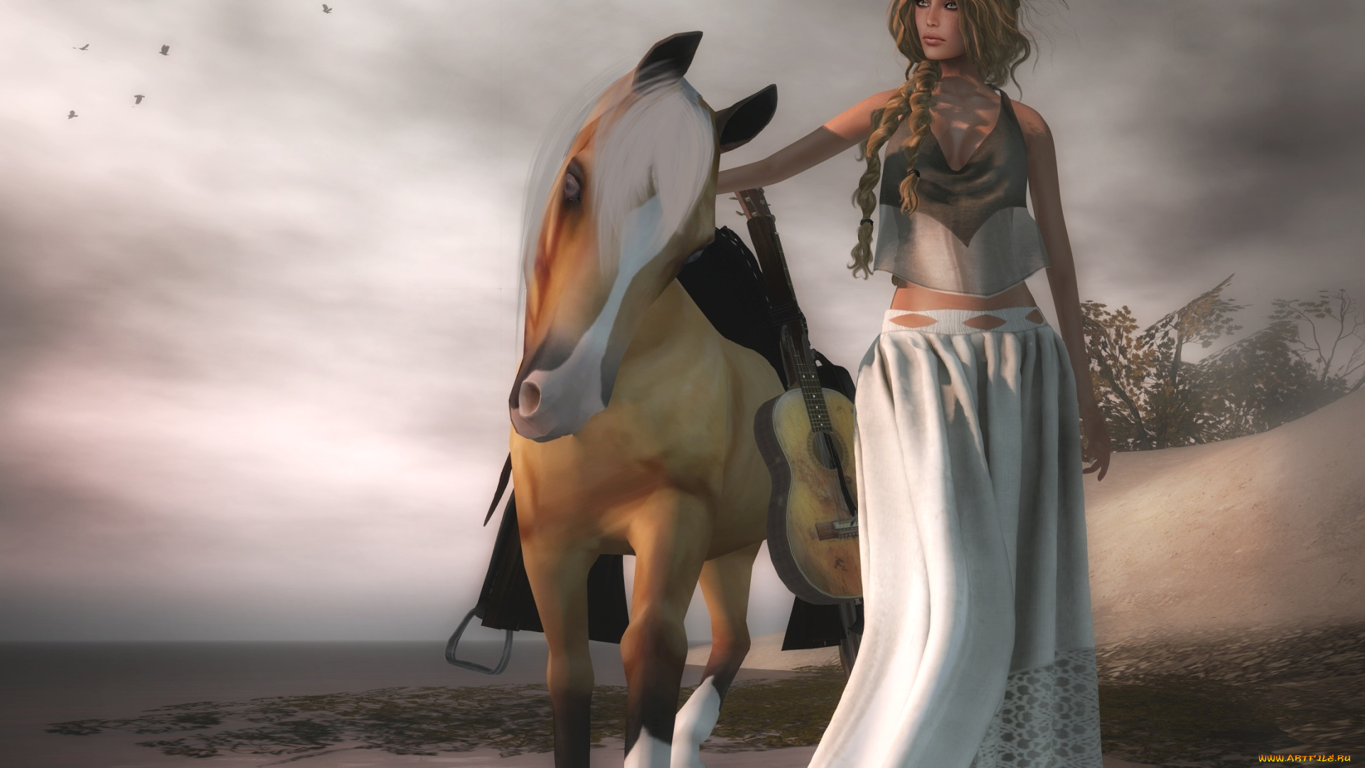 3д, графика, people, люди, девушка, лошадь