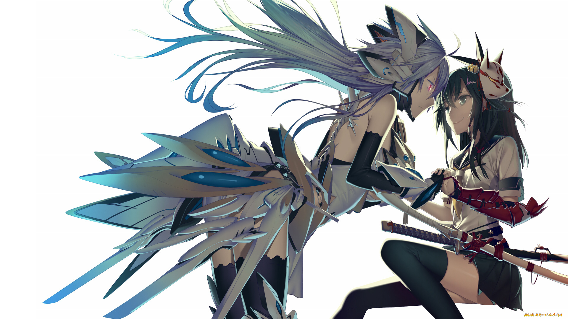 by, hullabaloo, аниме, weapon, blood, technology, девушки, меч, катана, доспех, маска, форма, оружие